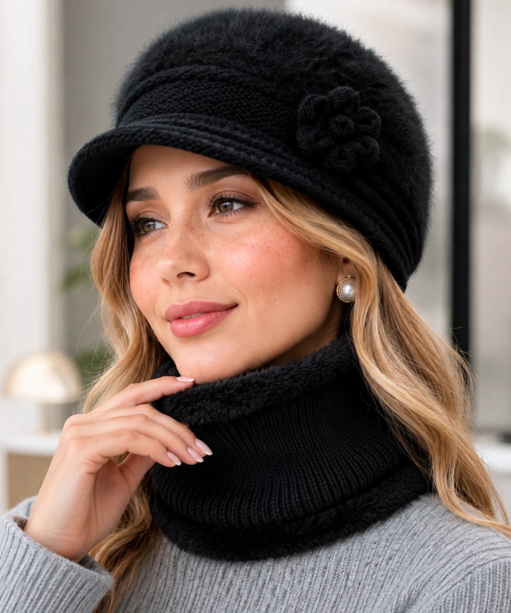 Women's Black Plush Knit Cloche Hat and Scarf Set