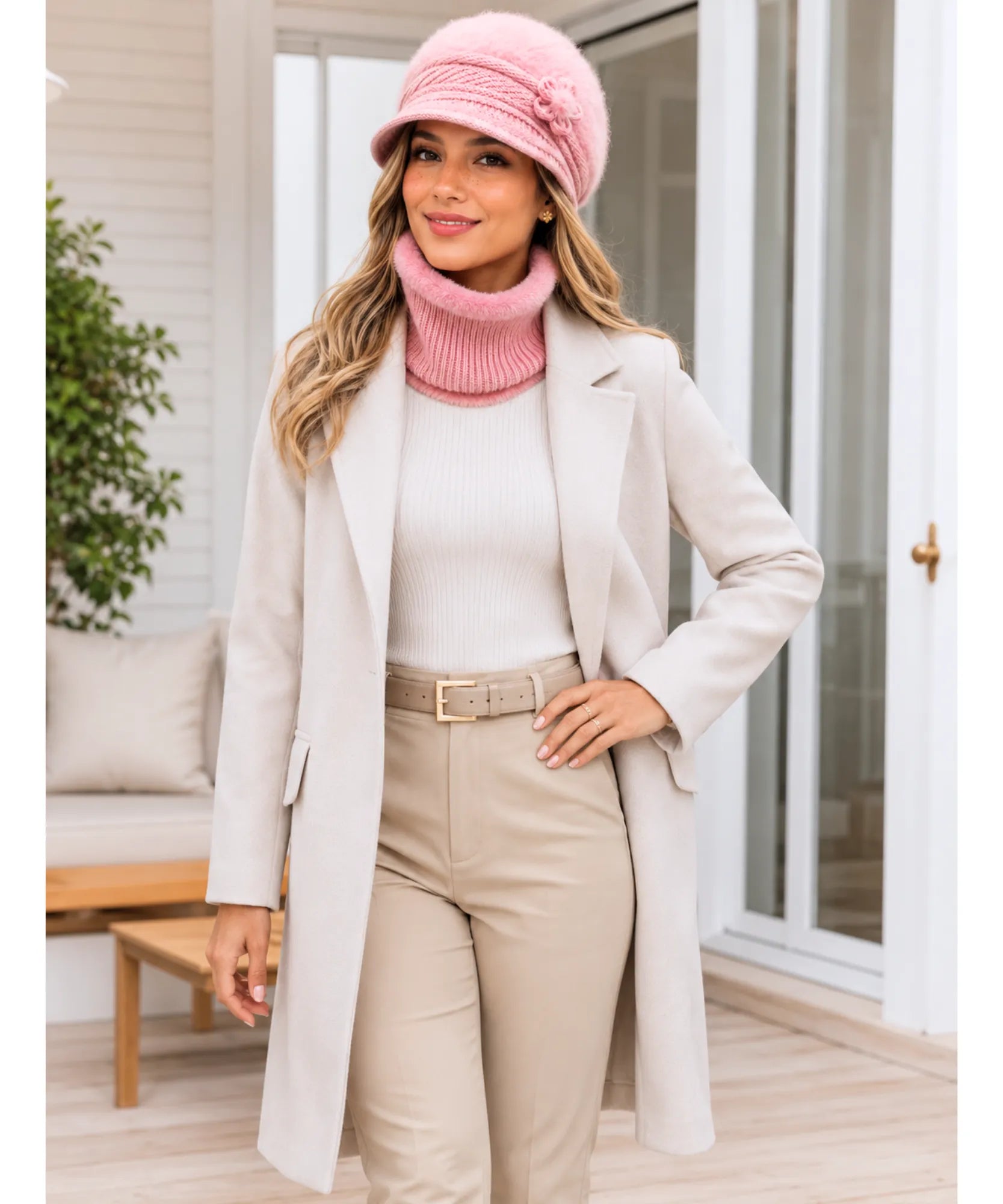 Women's Pink Plush Knit Cloche Hat and Scarf Set