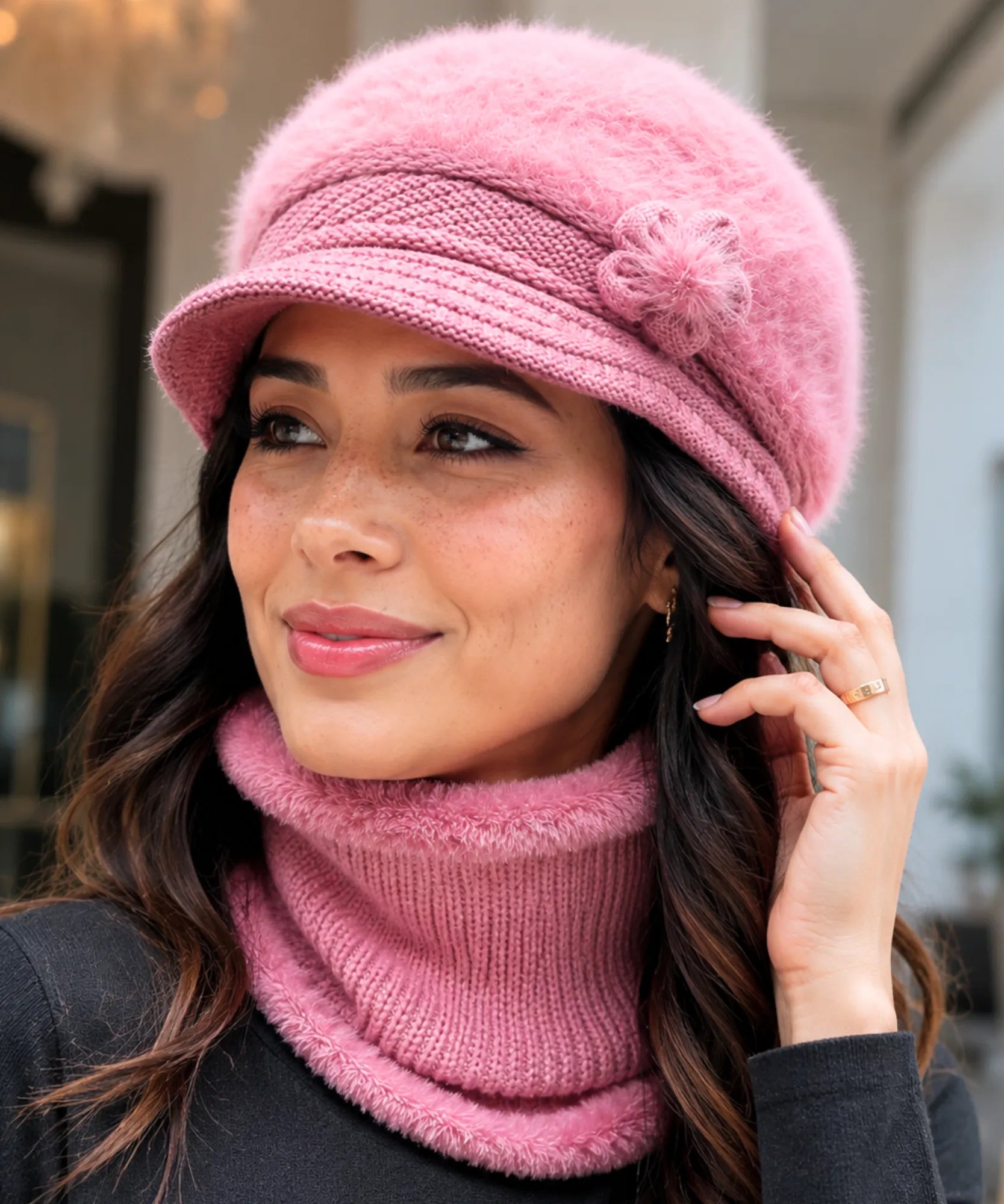 Women's Pink Plush Knit Cloche Hat and Scarf Set