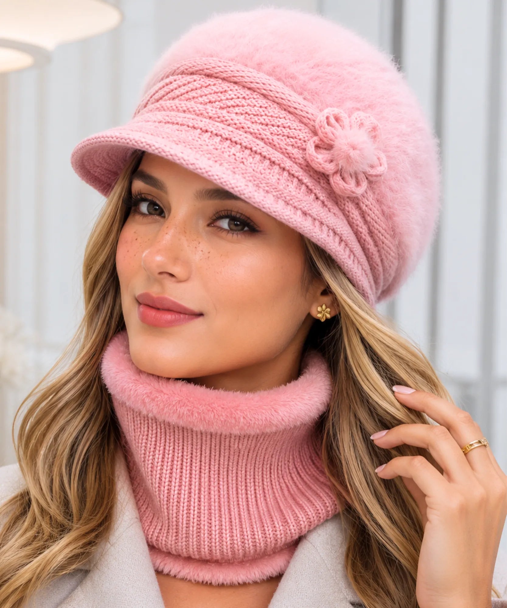 Women's Pink Plush Knit Cloche Hat and Scarf Set