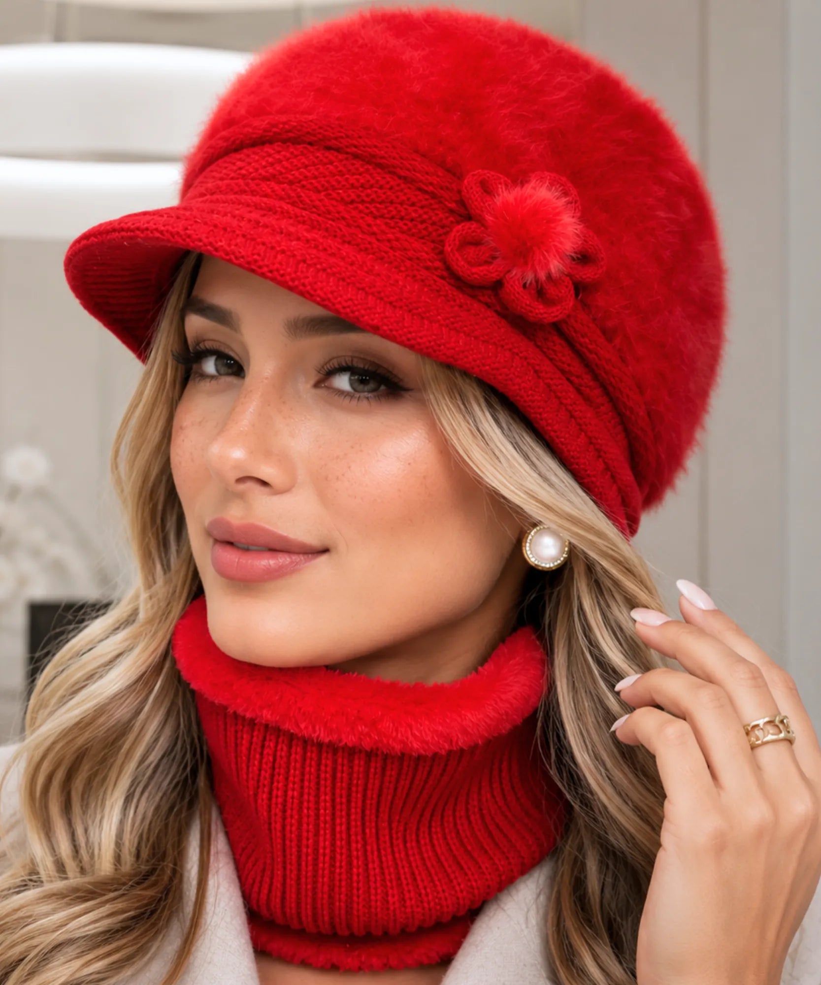 Women's Red Plush Knit Cloche Hat and Scarf Set