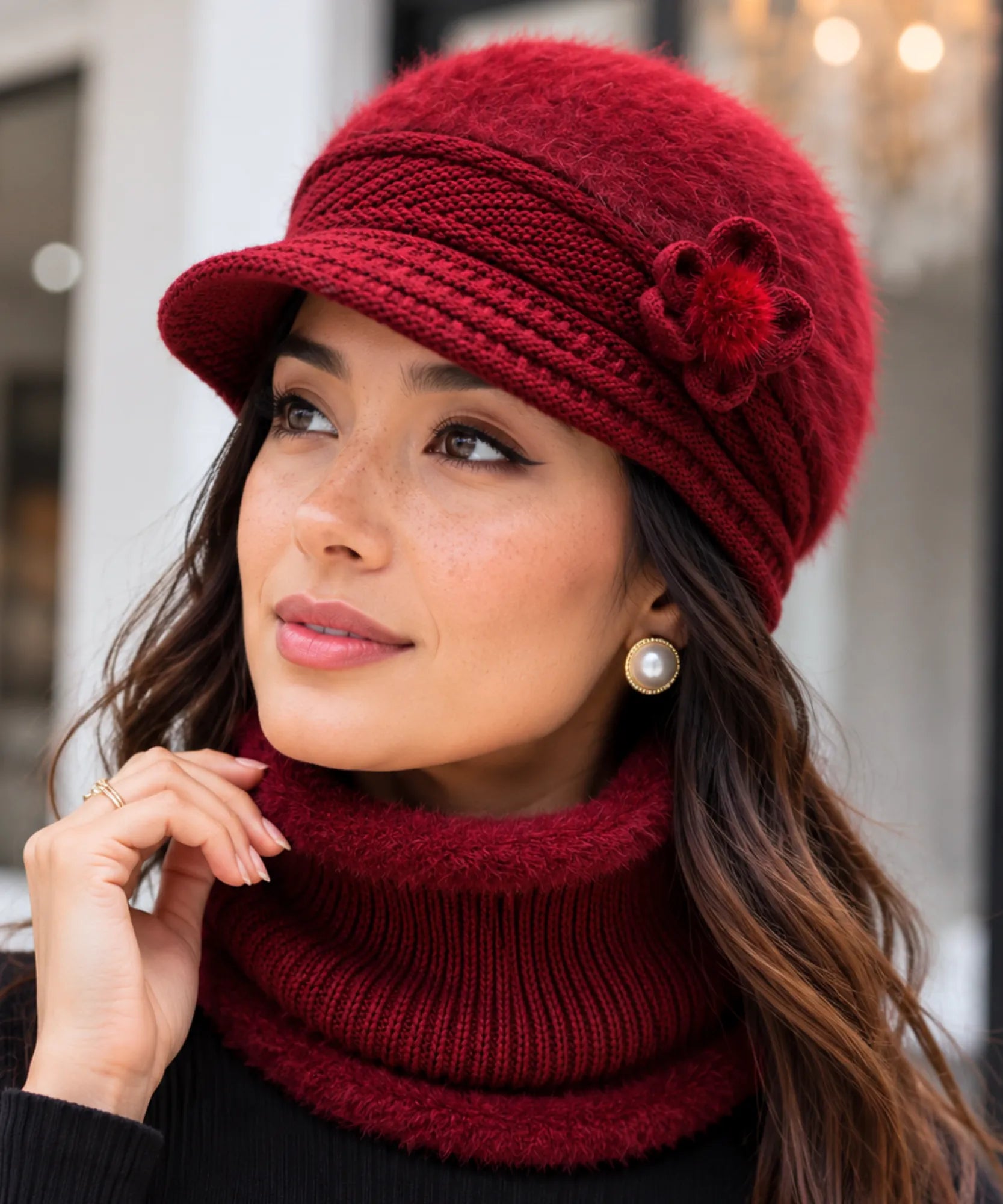 Women's Red Plush Knit Cloche Hat and Scarf Set