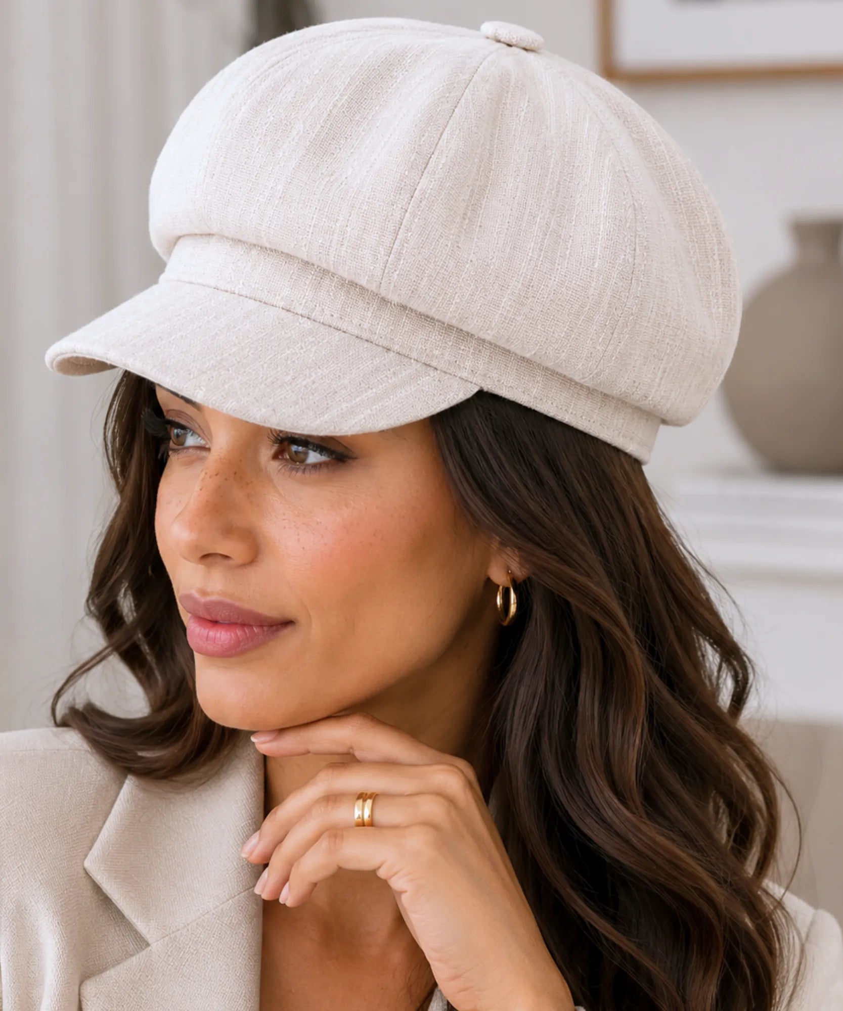Women's Cream Cotton Newsboy Cap