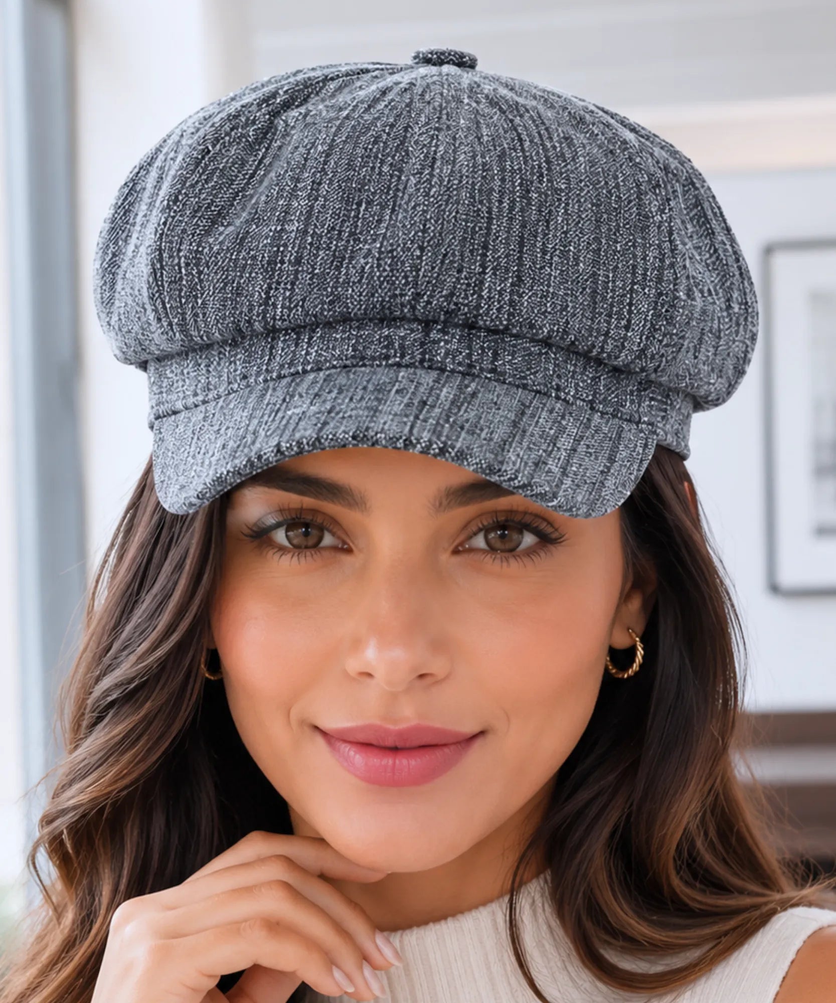 Women's Grey Cotton Newsboy Cap
