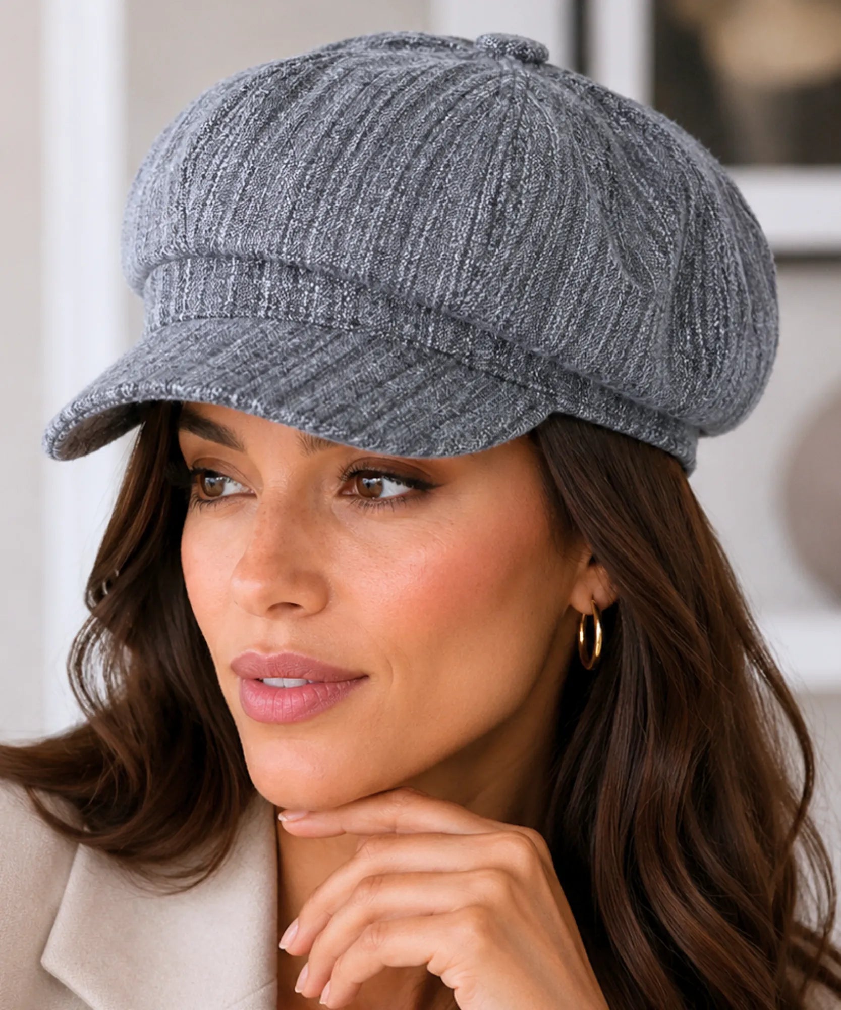 Women's Grey Cotton Newsboy Cap
