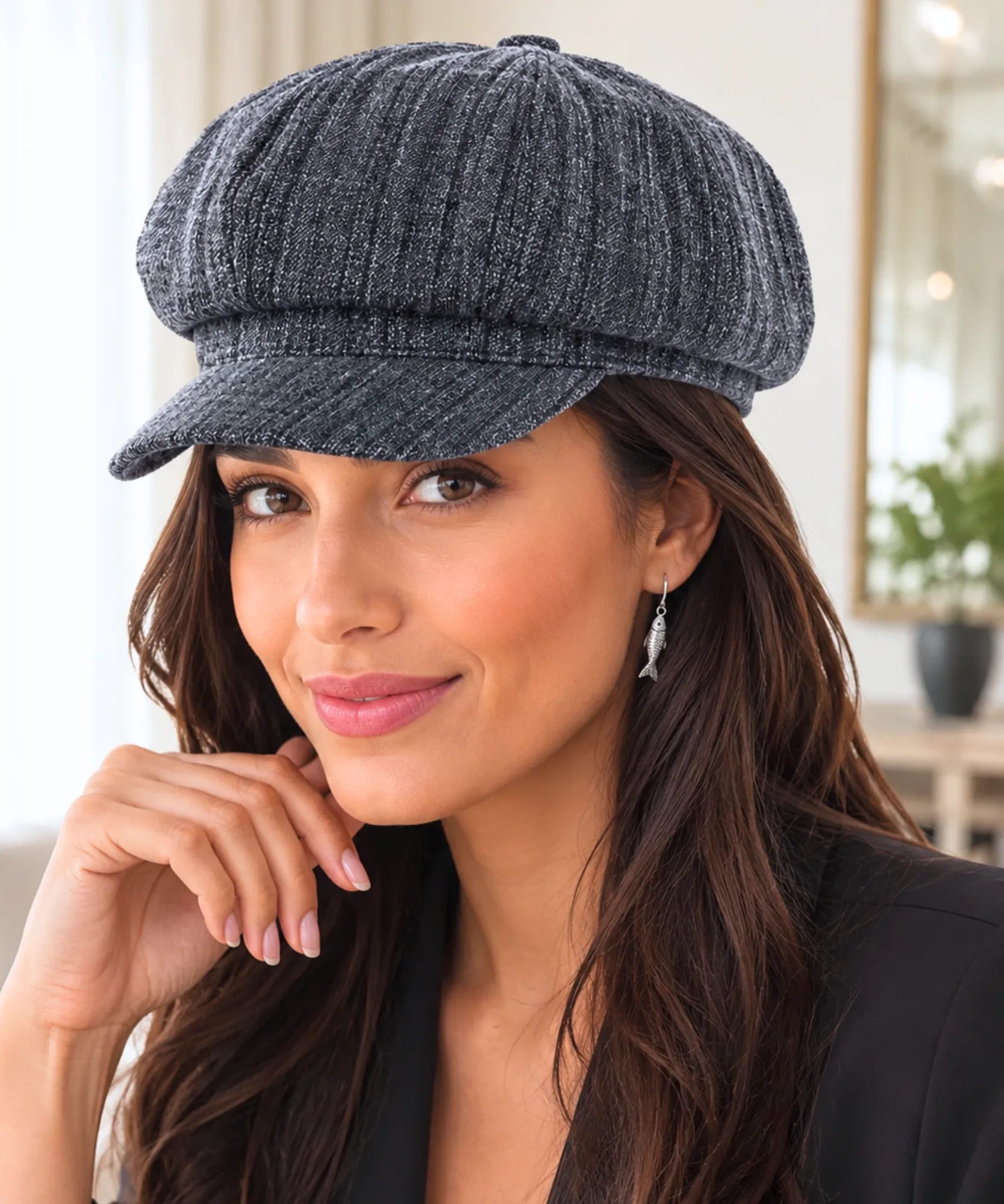 Women's Grey Cotton Newsboy Cap
