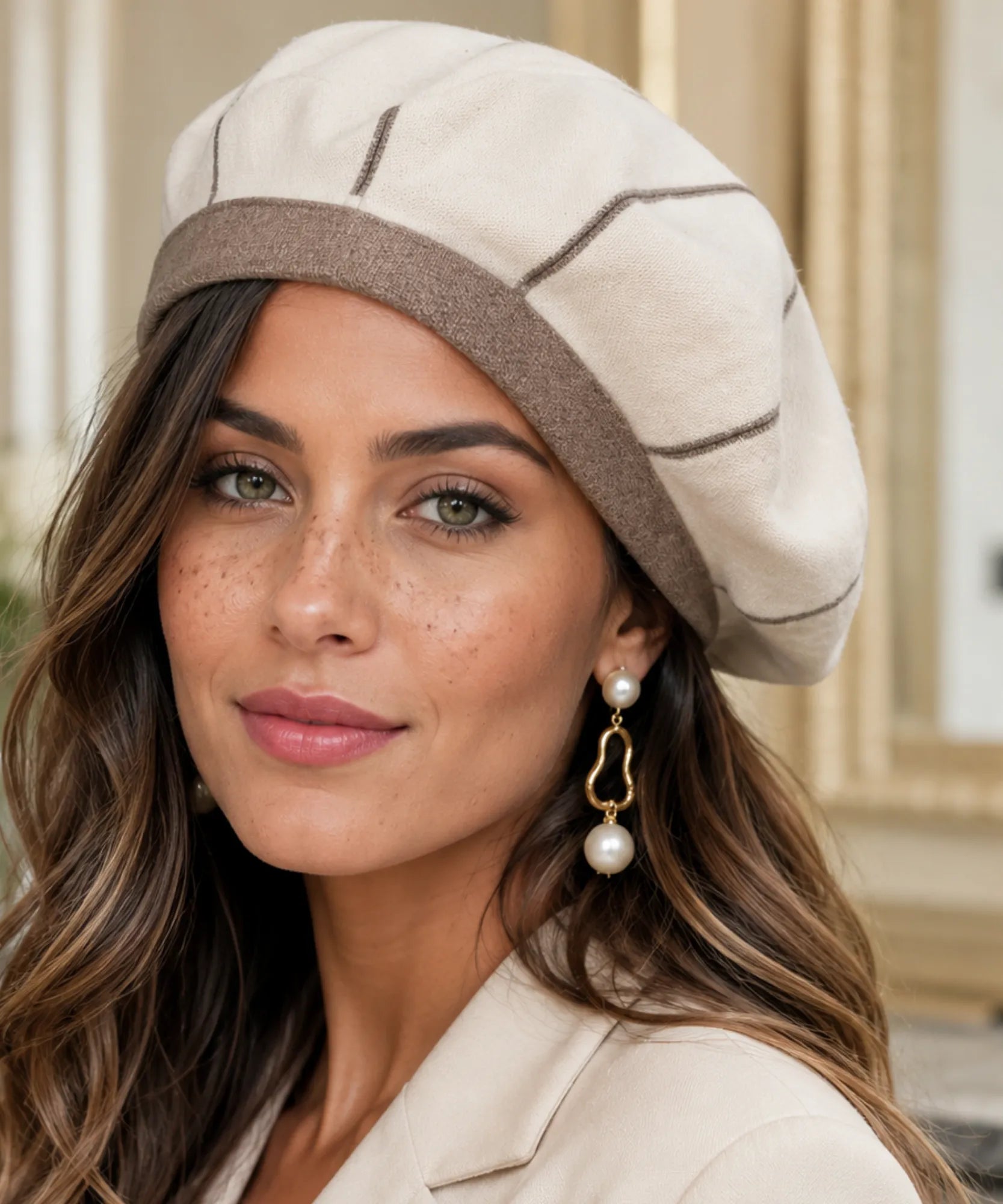 Grey wool beret with a black contrasting ribbed band, front view