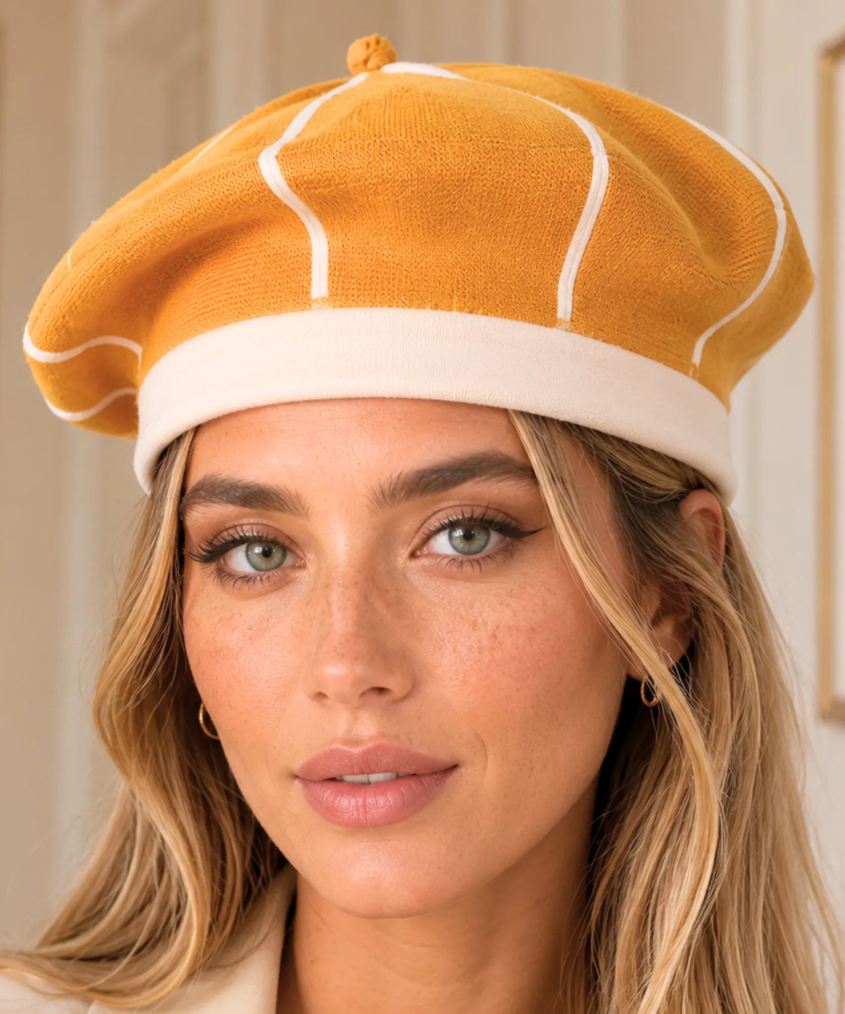 Marigold wool beret with an ivory contrasting ribbed band, side view