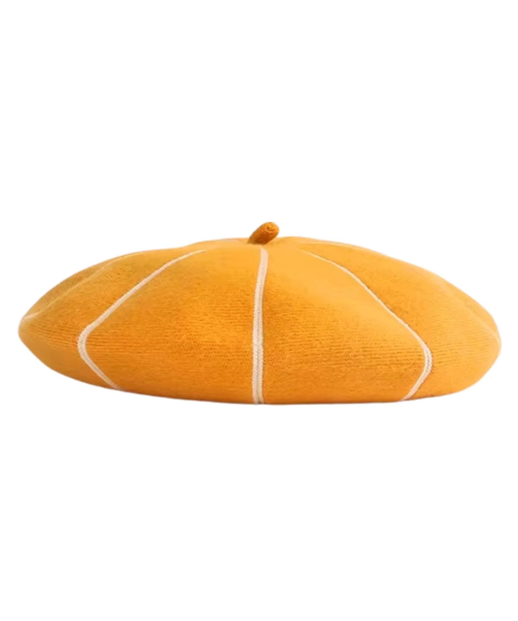 Marigold wool beret with an ivory contrasting ribbed band, back view