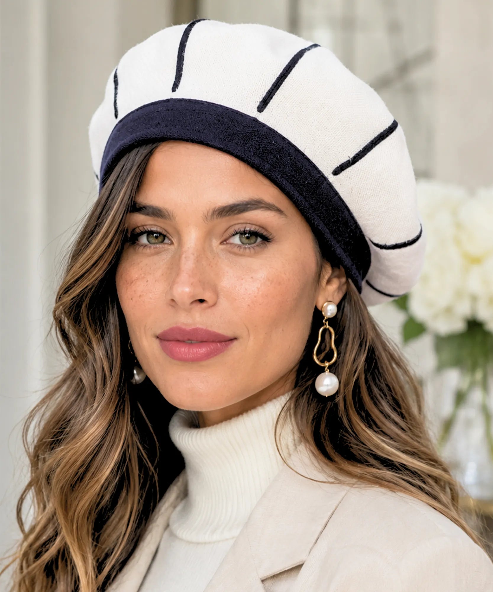 Grey wool beret with a black contrasting ribbed band, detail view