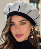 Grey wool beret with a black contrasting ribbed band