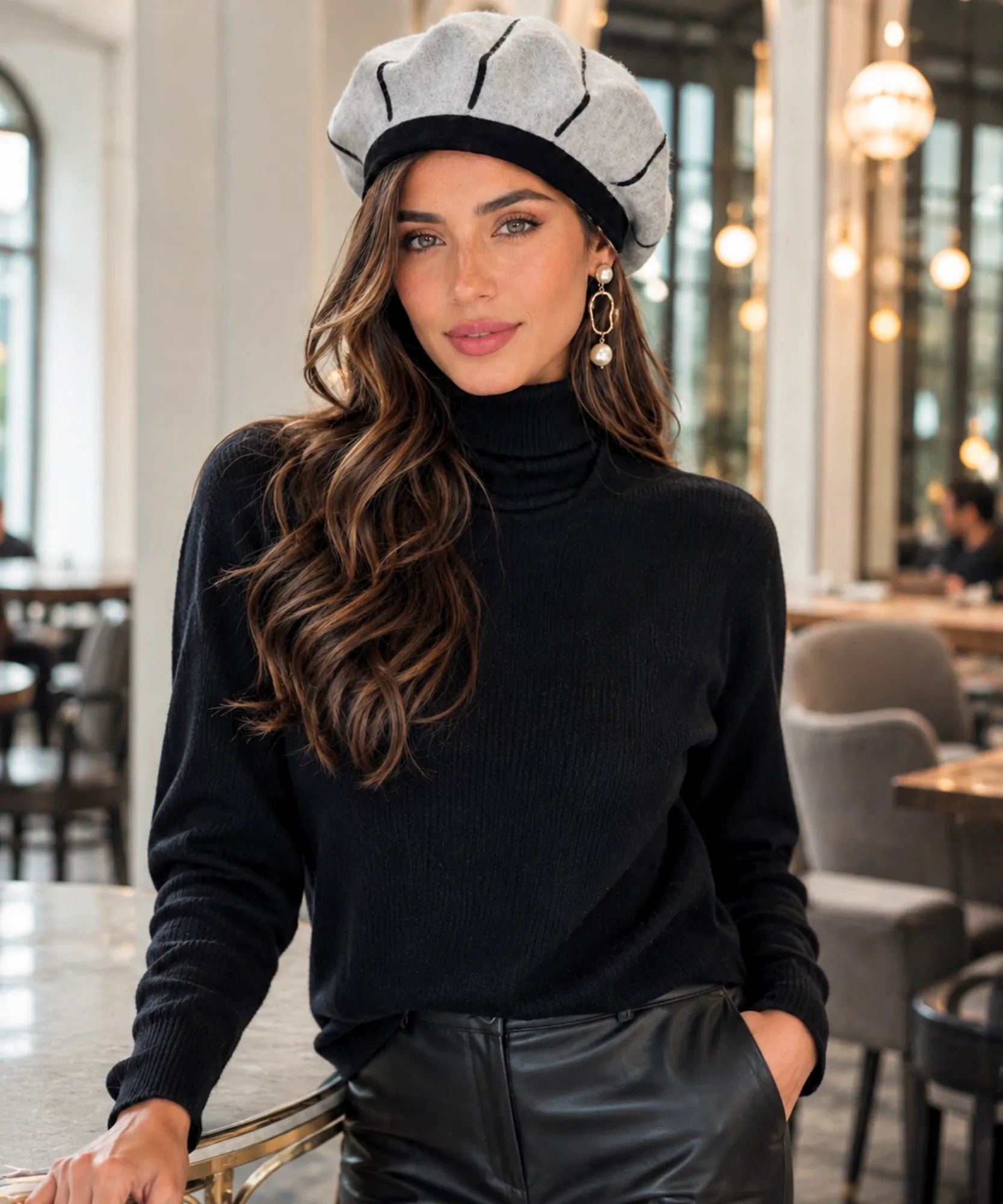 Close-up of the wool beret's contrasting ribbed band and textured crown