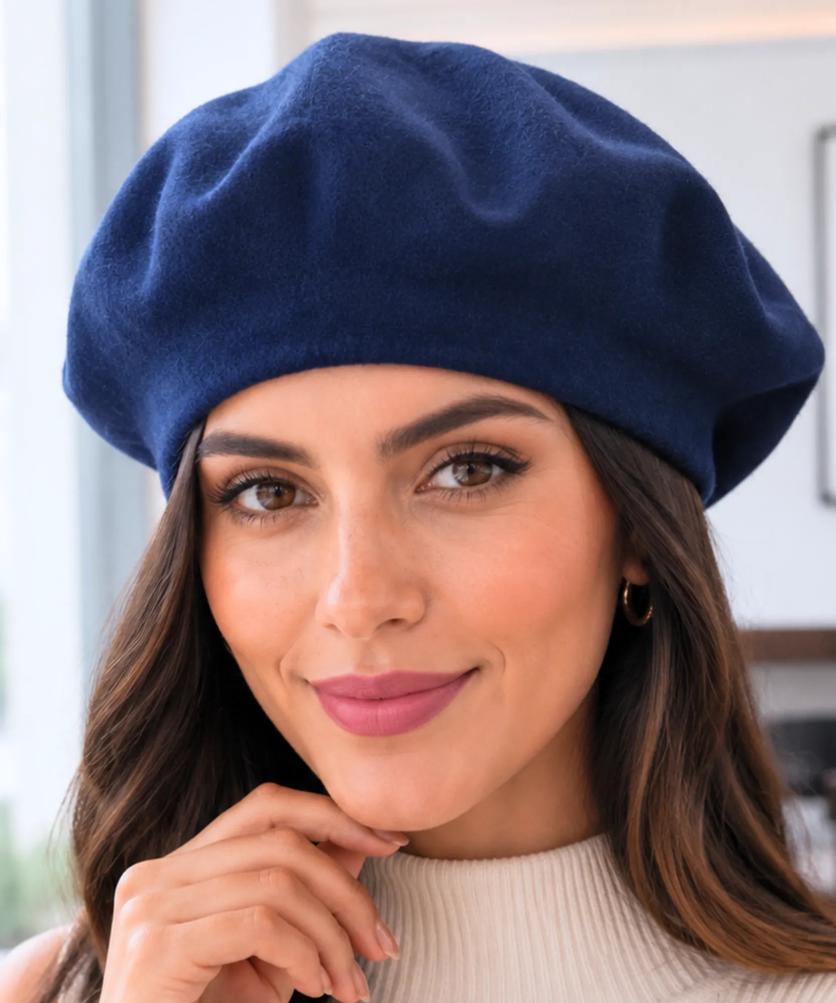 Women's Navy Cashmere-Blend Wool Beret