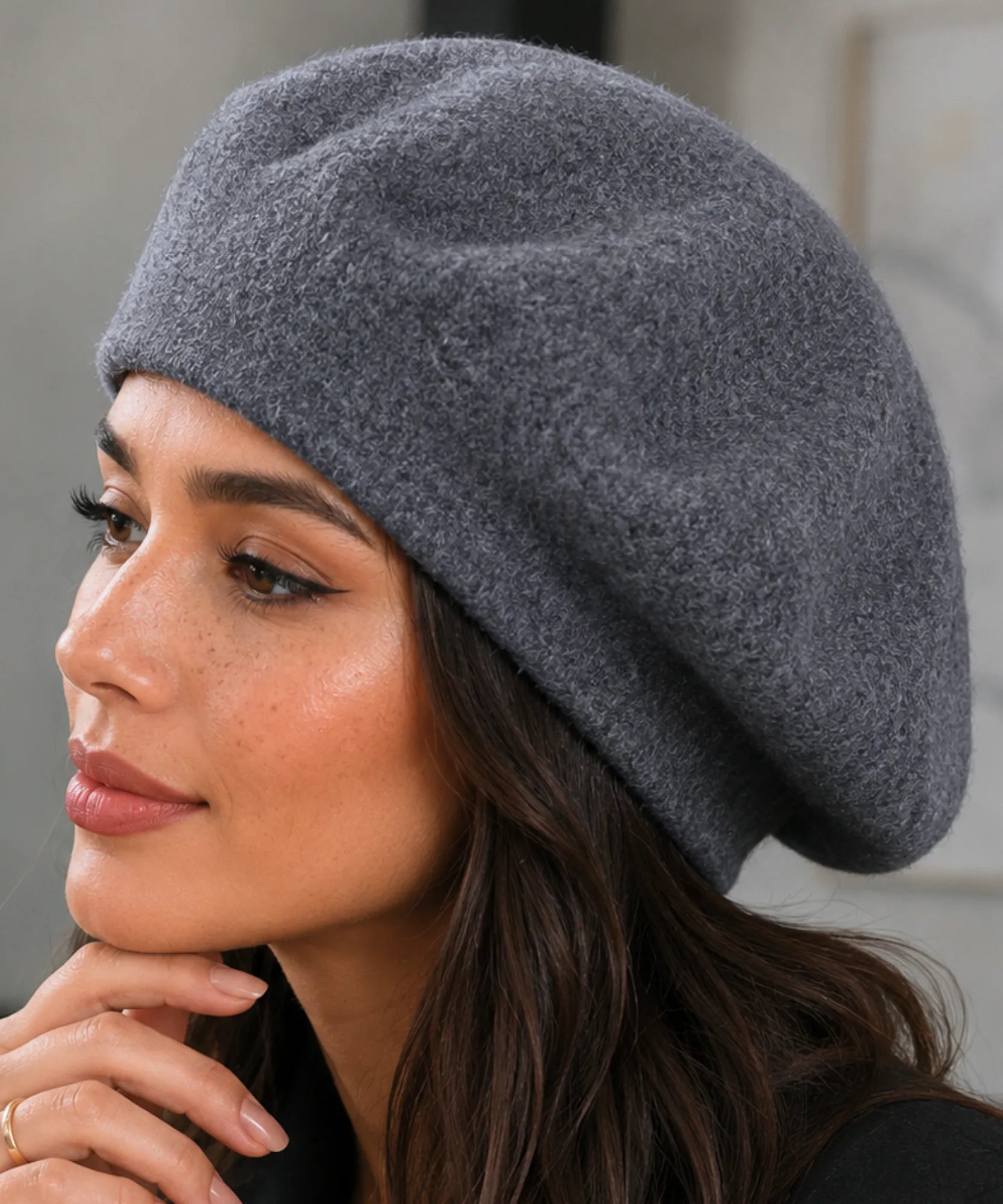 Women's Charcoal Cashmere-Blend Wool Beret