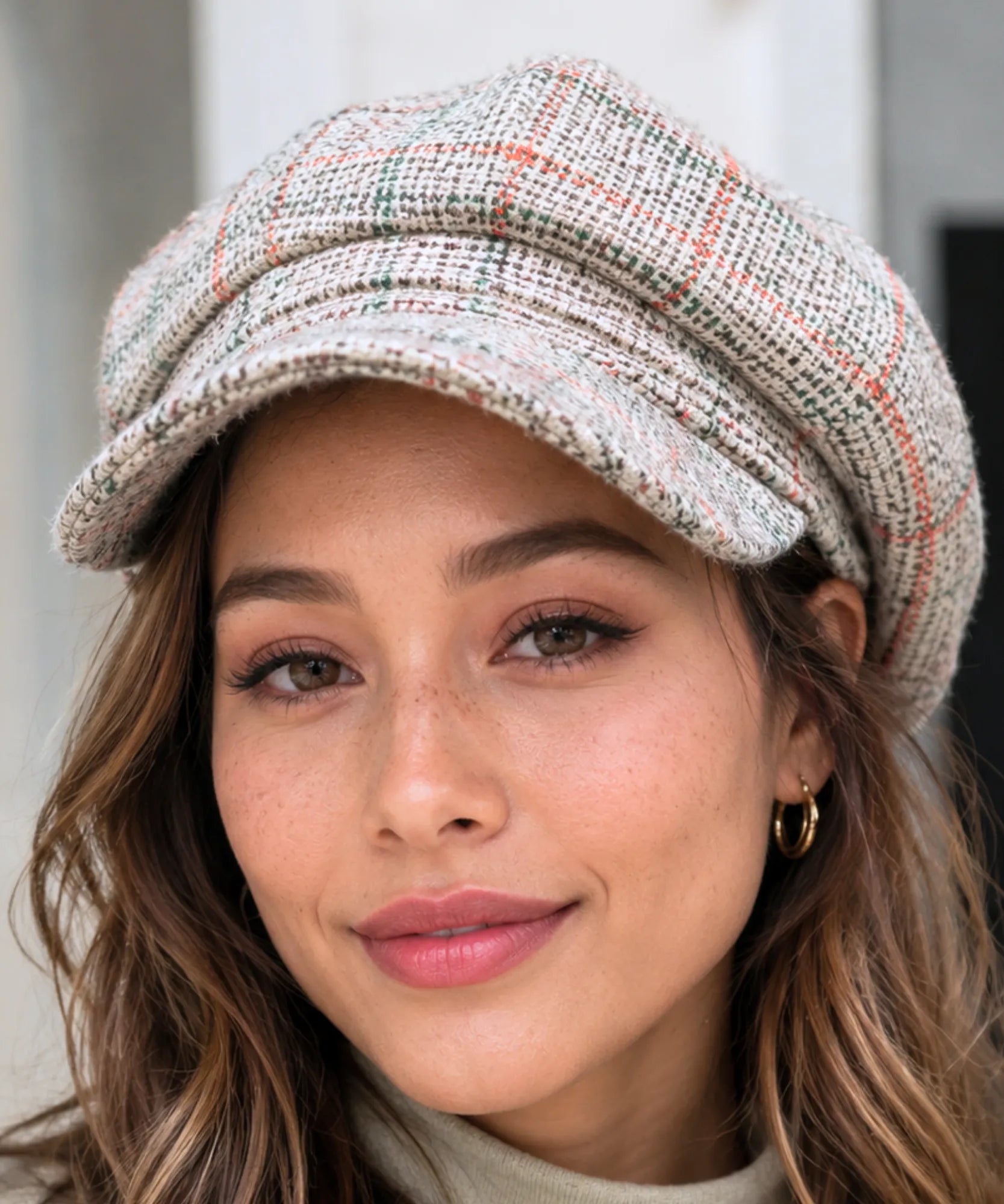 Women's Ivory Plaid Wool Newsboy Cap