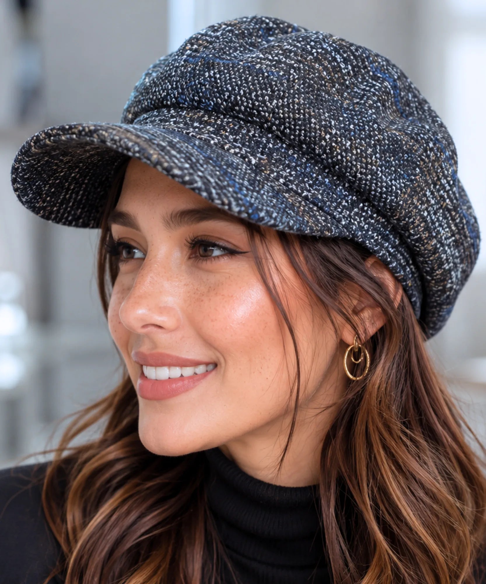Women's Navy Tweed Wool Newsboy Cap