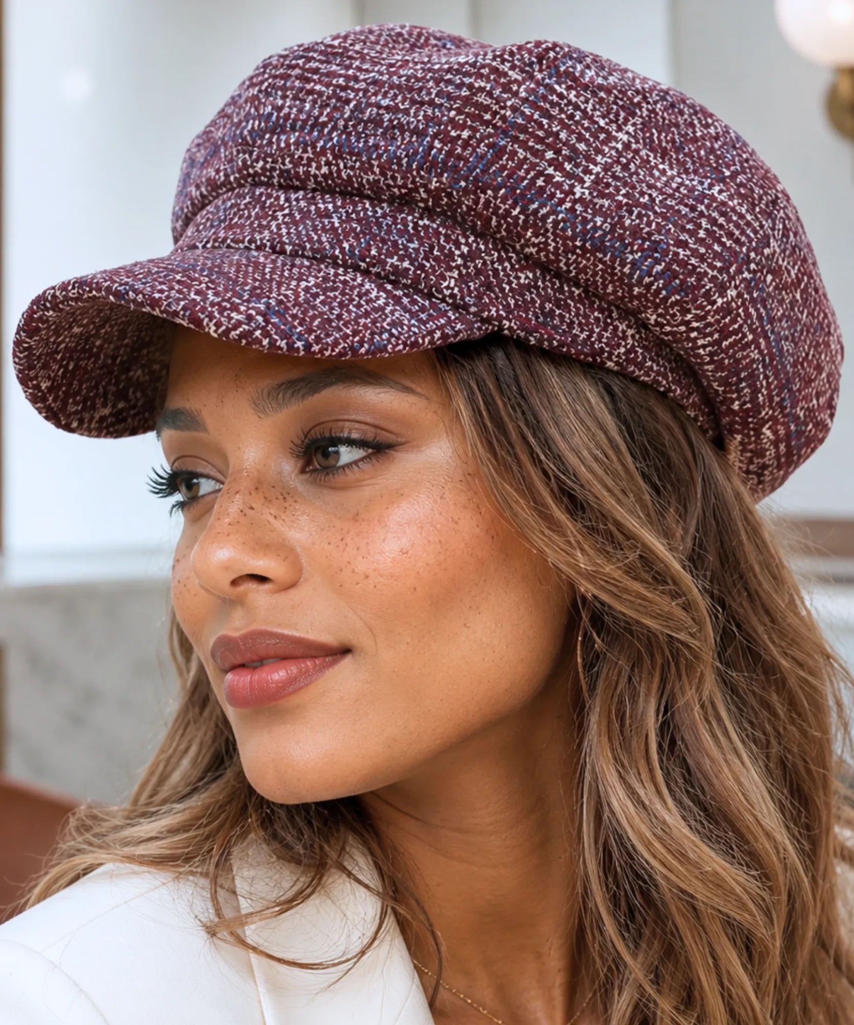 Women's Burgundy Tweed Wool Newsboy Cap