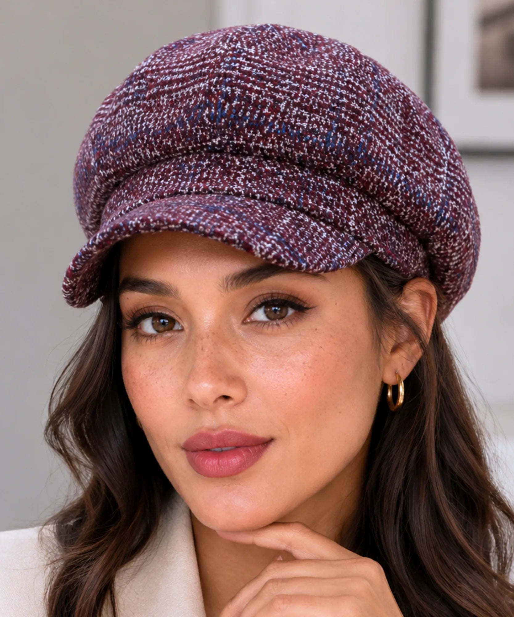 Women's Burgundy Tweed Wool Newsboy Cap