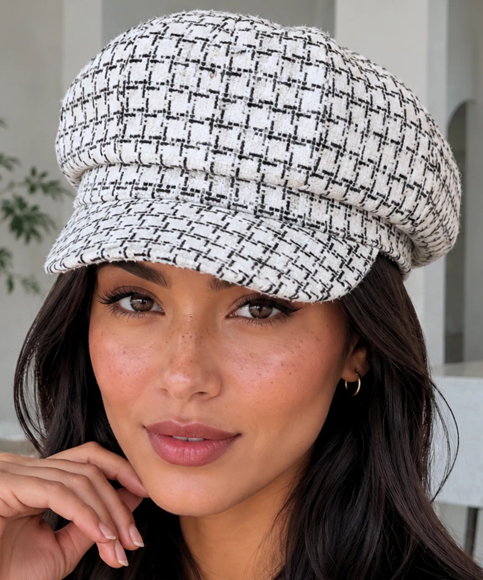Women's Black and White Windowpane Wool Newsboy Cap