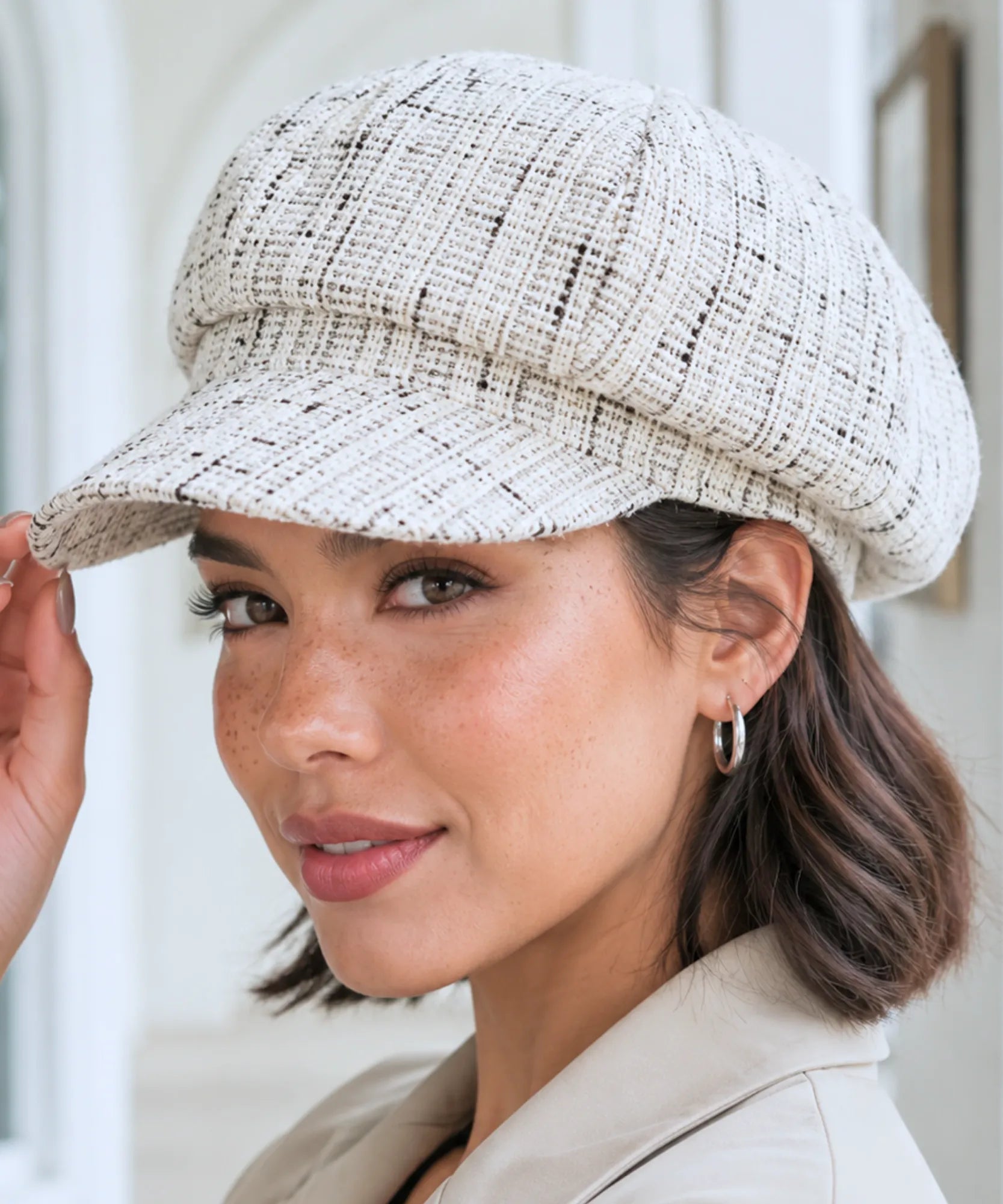 Women's Ivory Tweed Wool Newsboy Cap