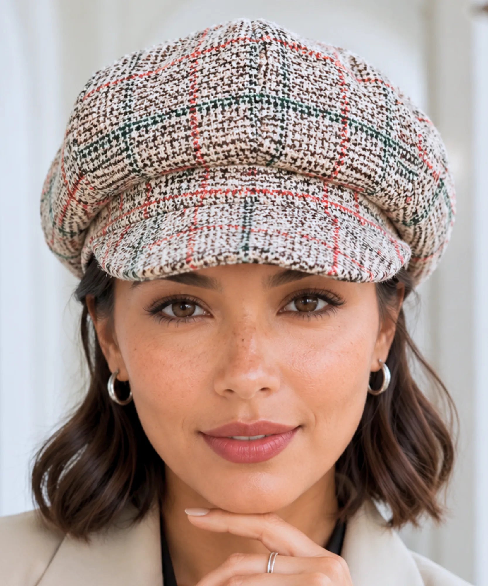Women's Ivory Windowpane Plaid Wool Newsboy Cap