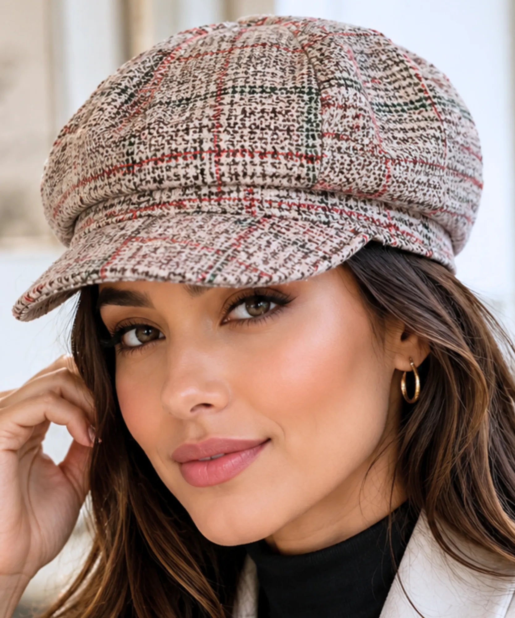 Women's Ivory Windowpane Plaid Wool Newsboy Cap