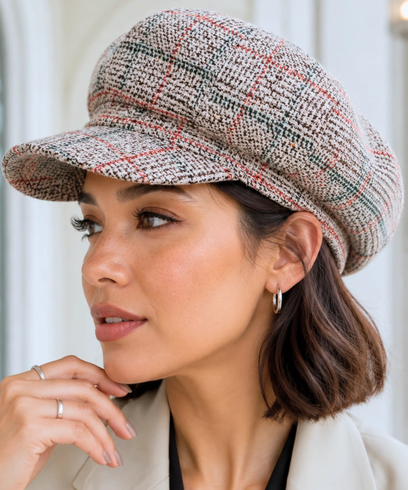 Women's Ivory Windowpane Plaid Wool Newsboy Cap