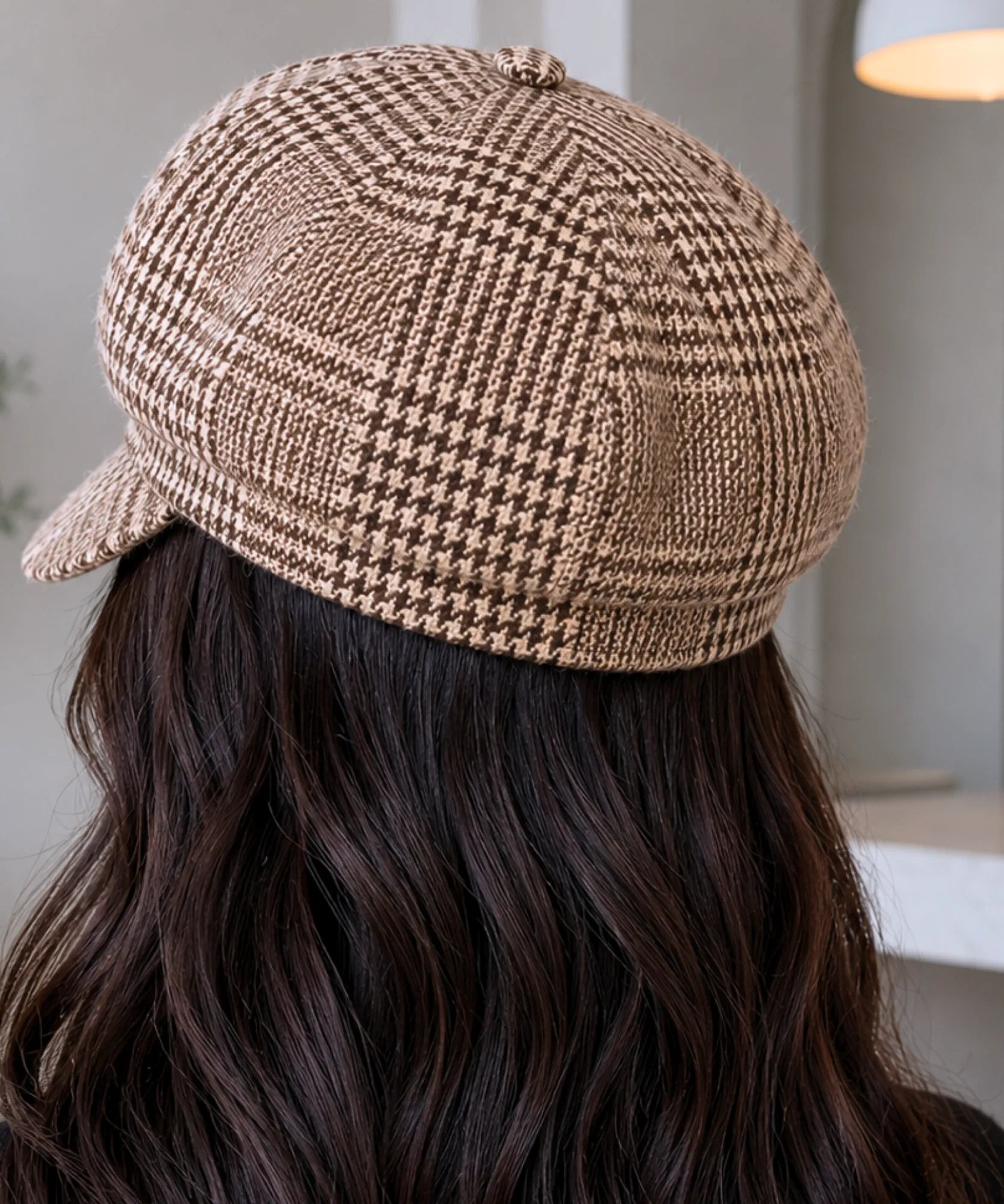 Women's Brown Houndstooth Wool Newsboy Cap