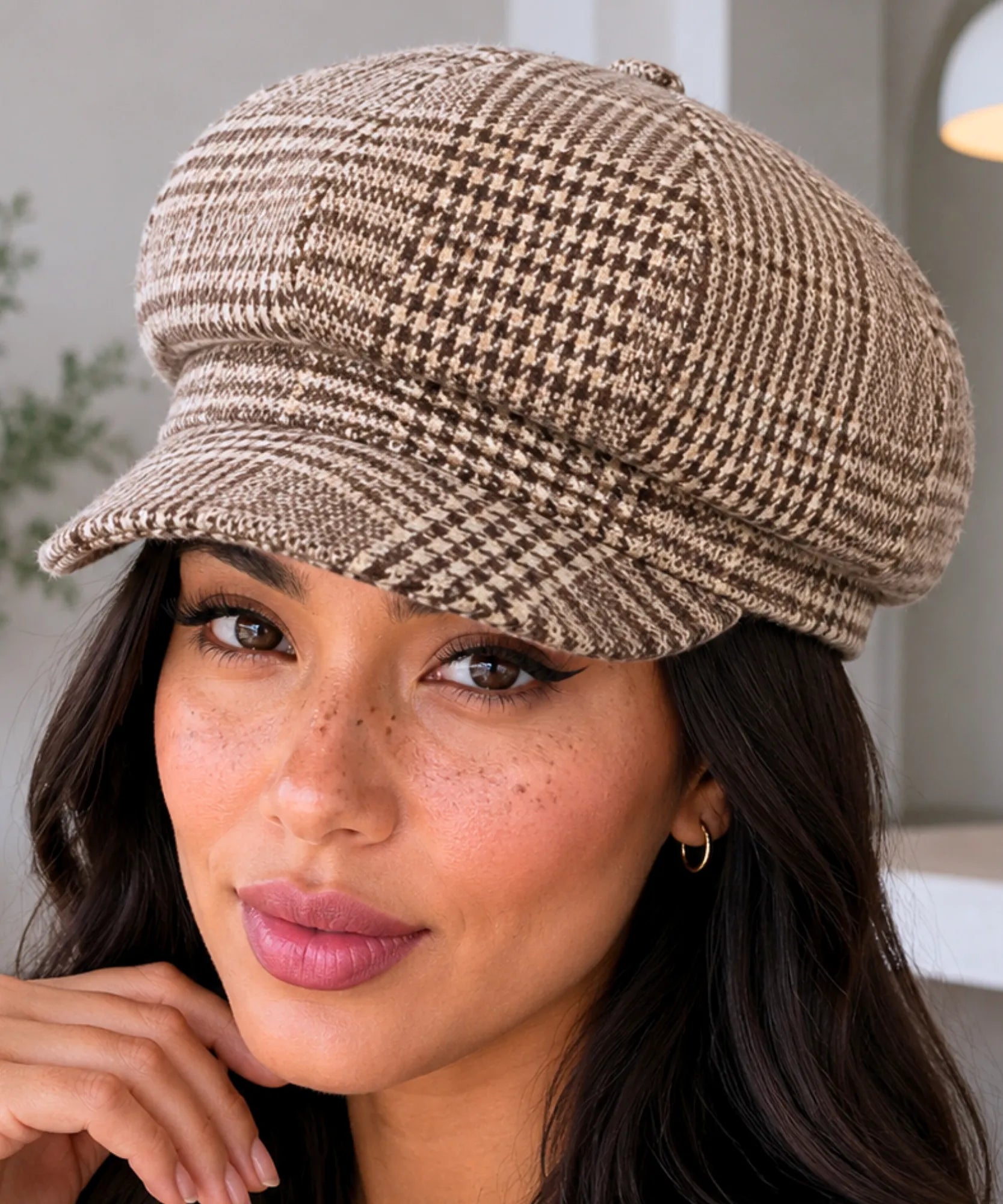 Women's Brown Houndstooth Wool Newsboy Cap