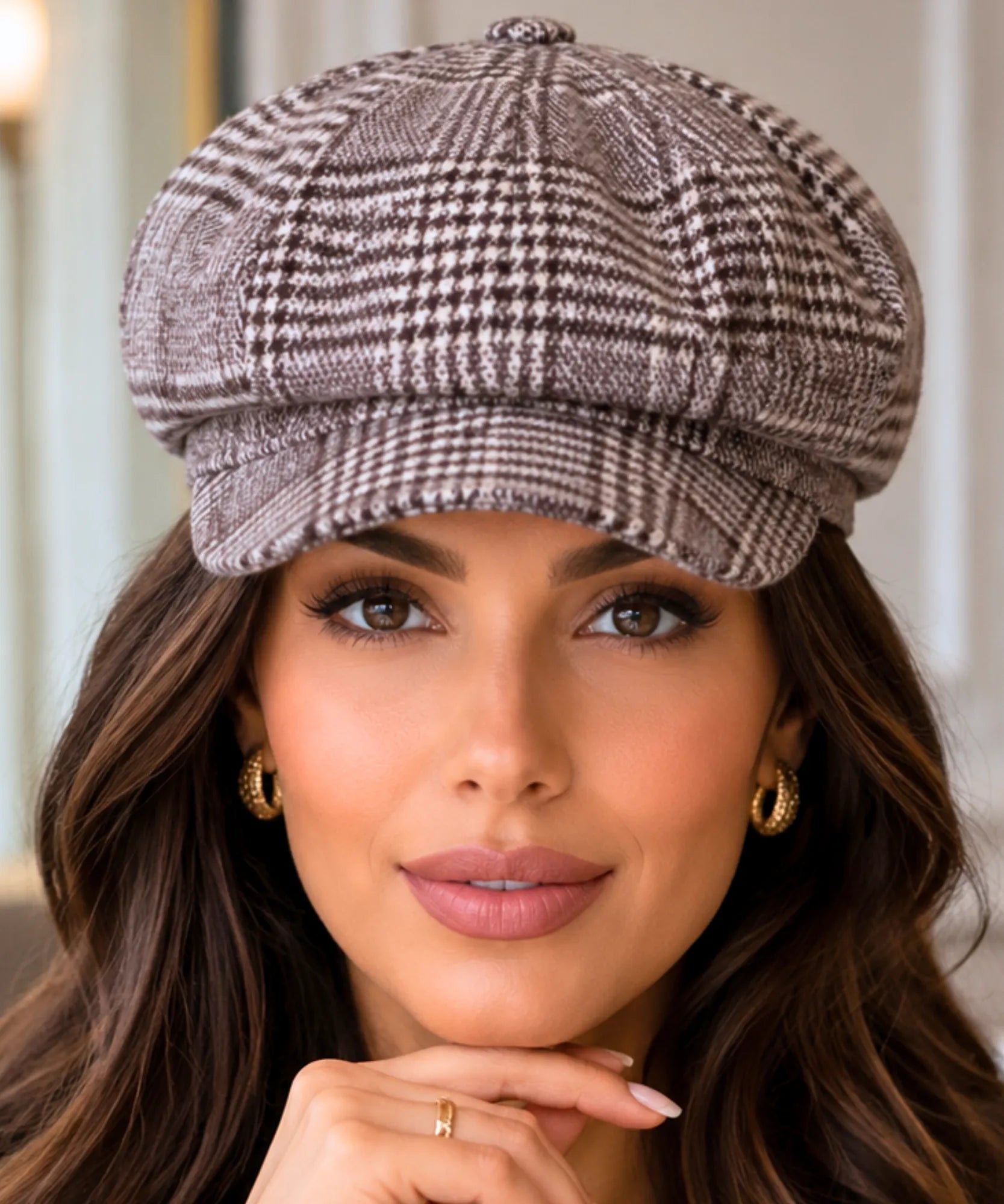 Women's Brown Houndstooth Wool Newsboy Cap
