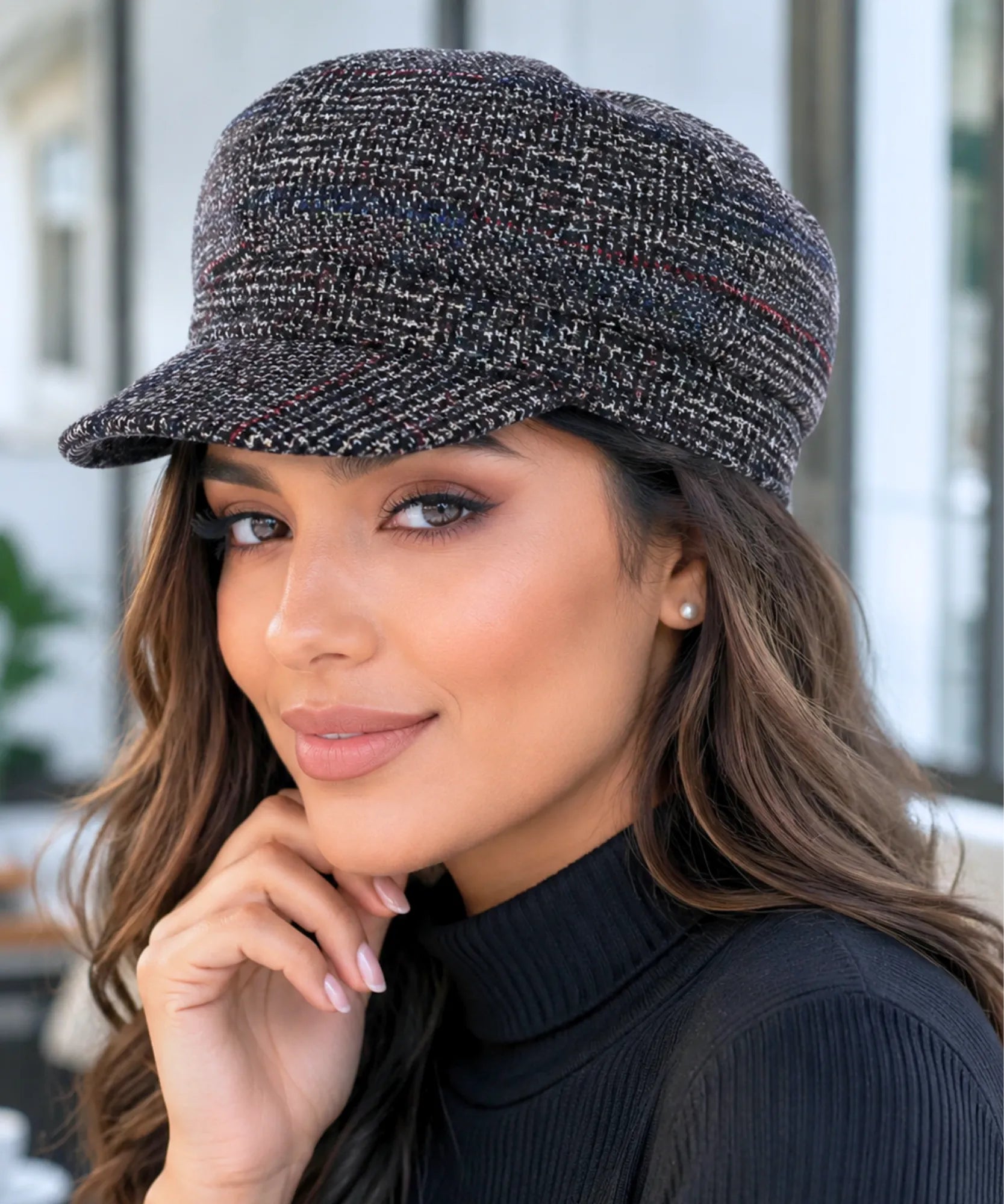 Women's Charcoal Windowpane Wool Newsboy Cap