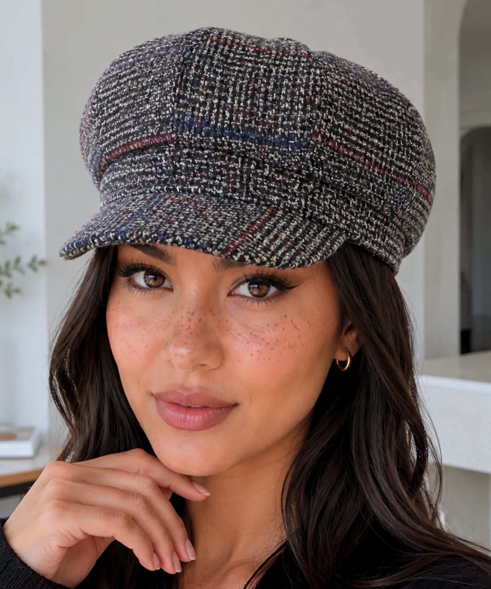 Women's Charcoal Windowpane Wool Newsboy Cap