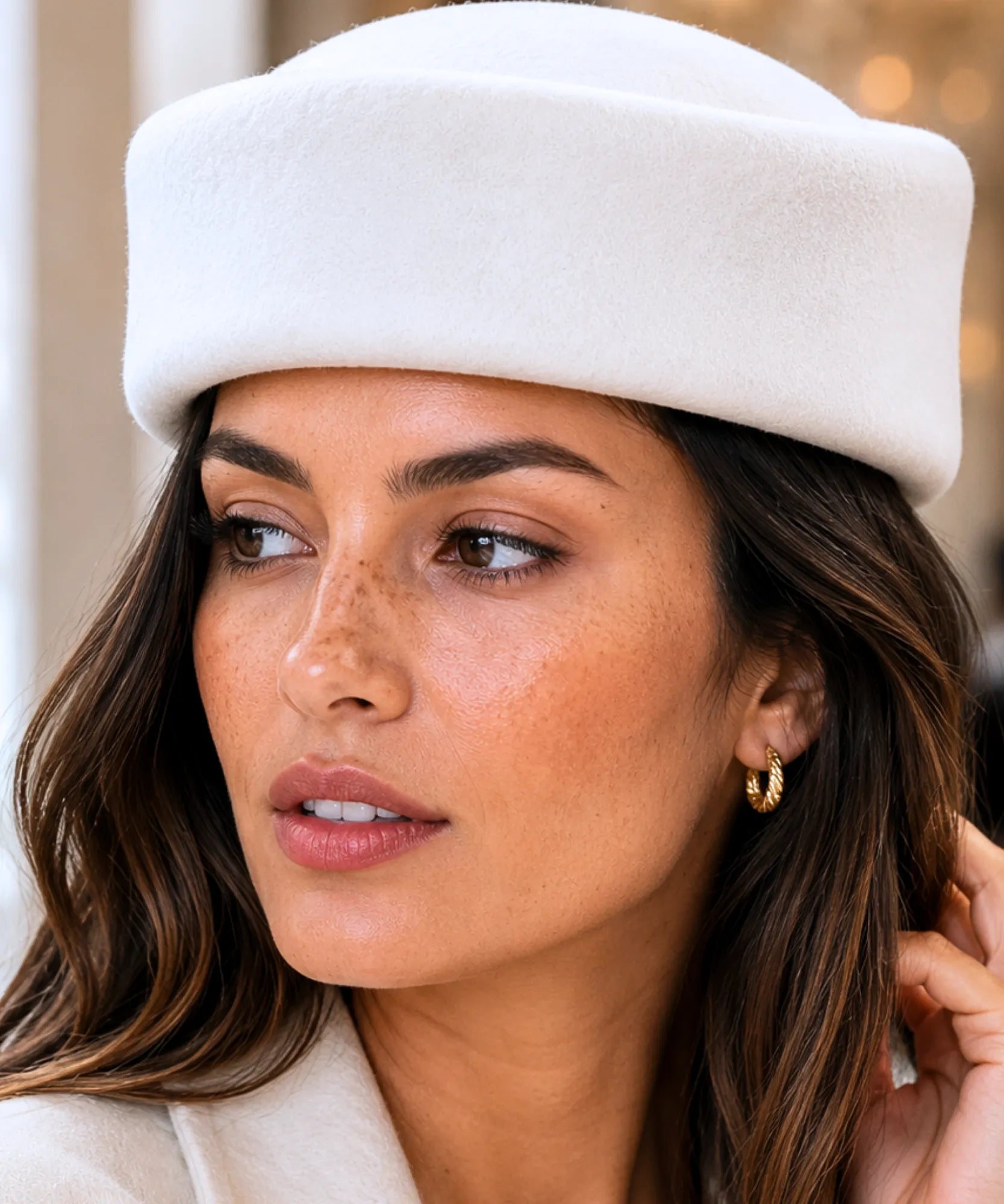 Woman wearing a white wool pillbox hat with a satin lining