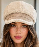 Women's plush sherpa newsboy cap in beige with a suede brim, front view