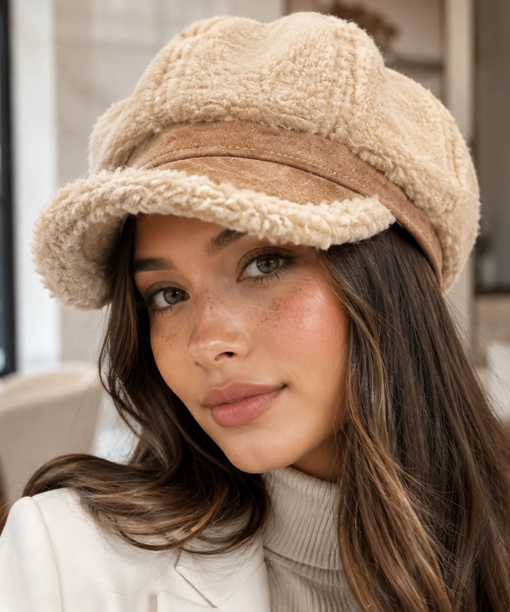 Close-up of the beige plush sherpa newsboy cap's suede brim