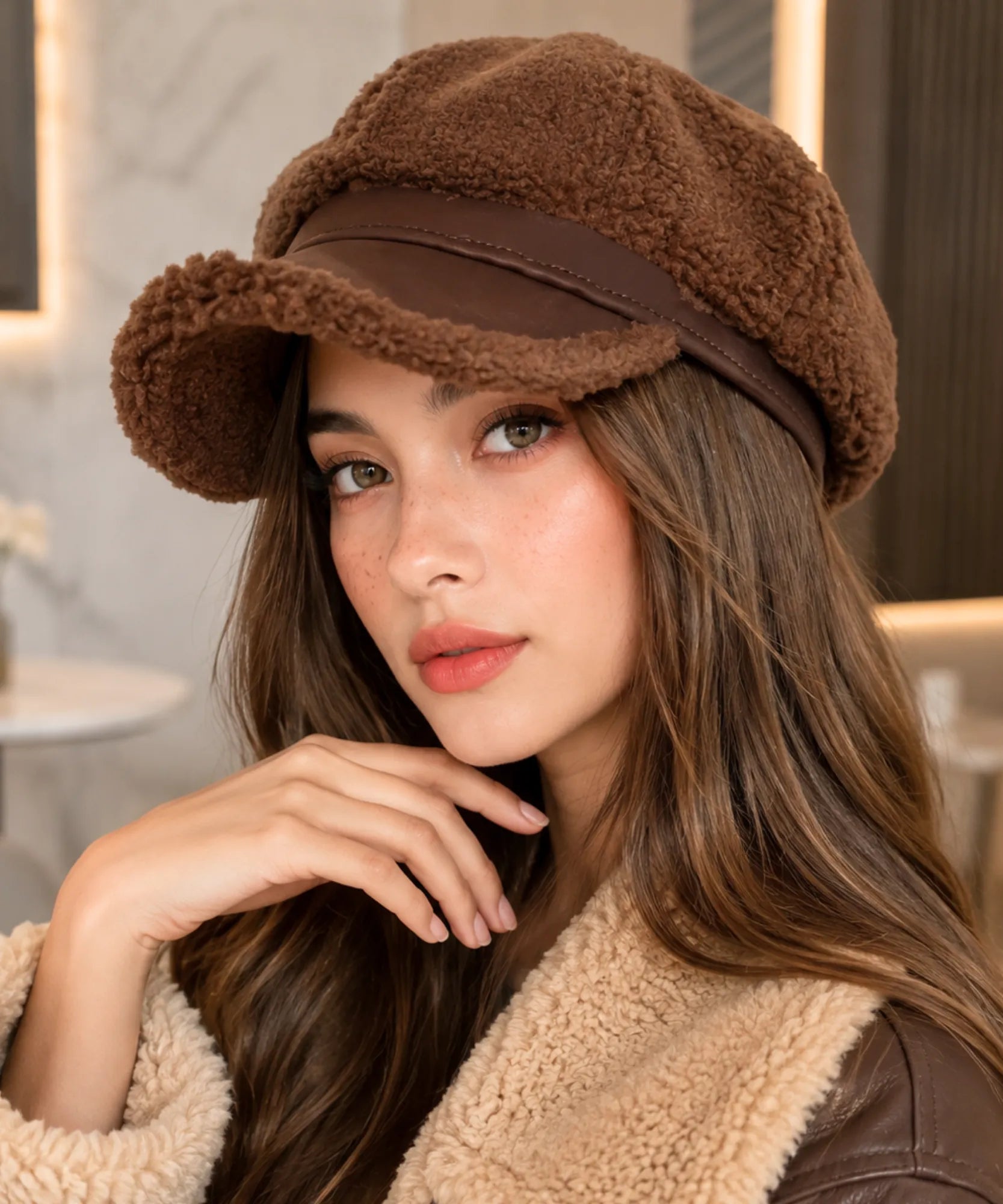 Woman wearing a dark brown plush sherpa newsboy cap with a suede brim