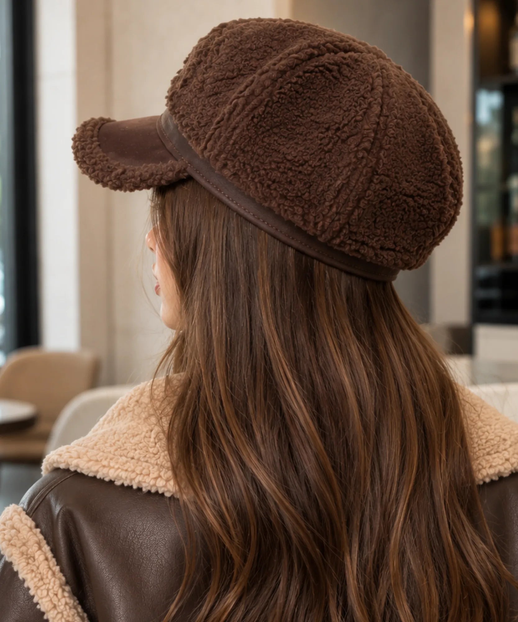 Dark brown plush sherpa newsboy cap with a suede brim