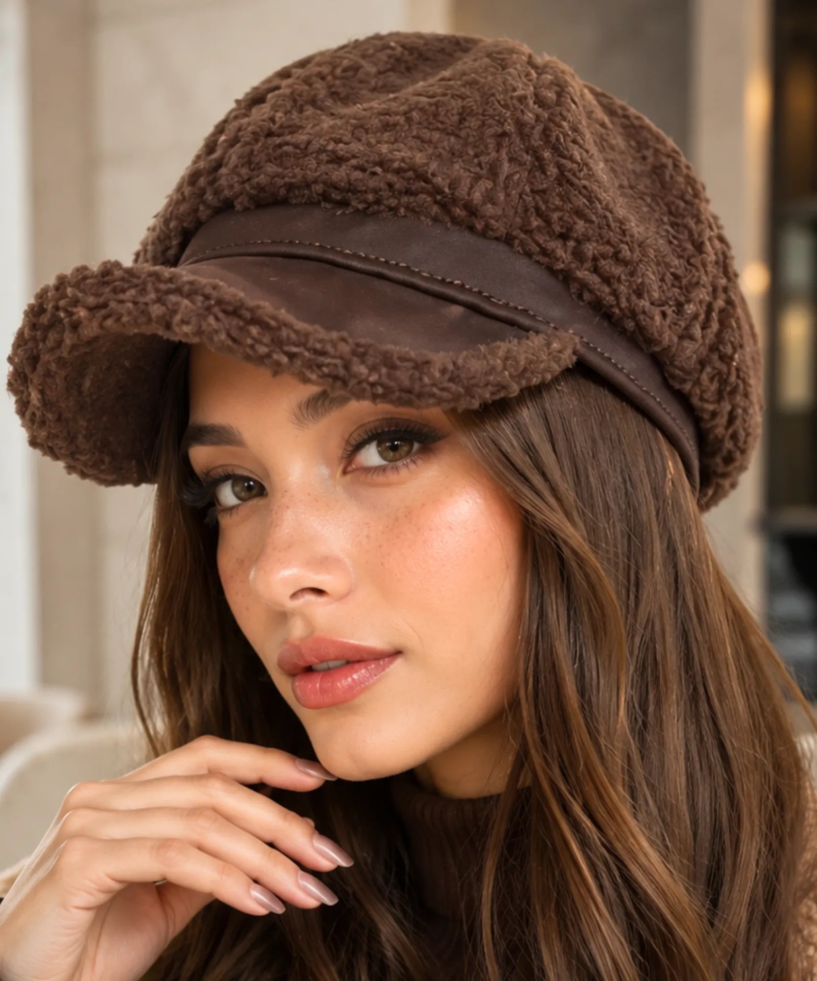 Women's plush sherpa newsboy cap in dark brown with a suede brim, side view