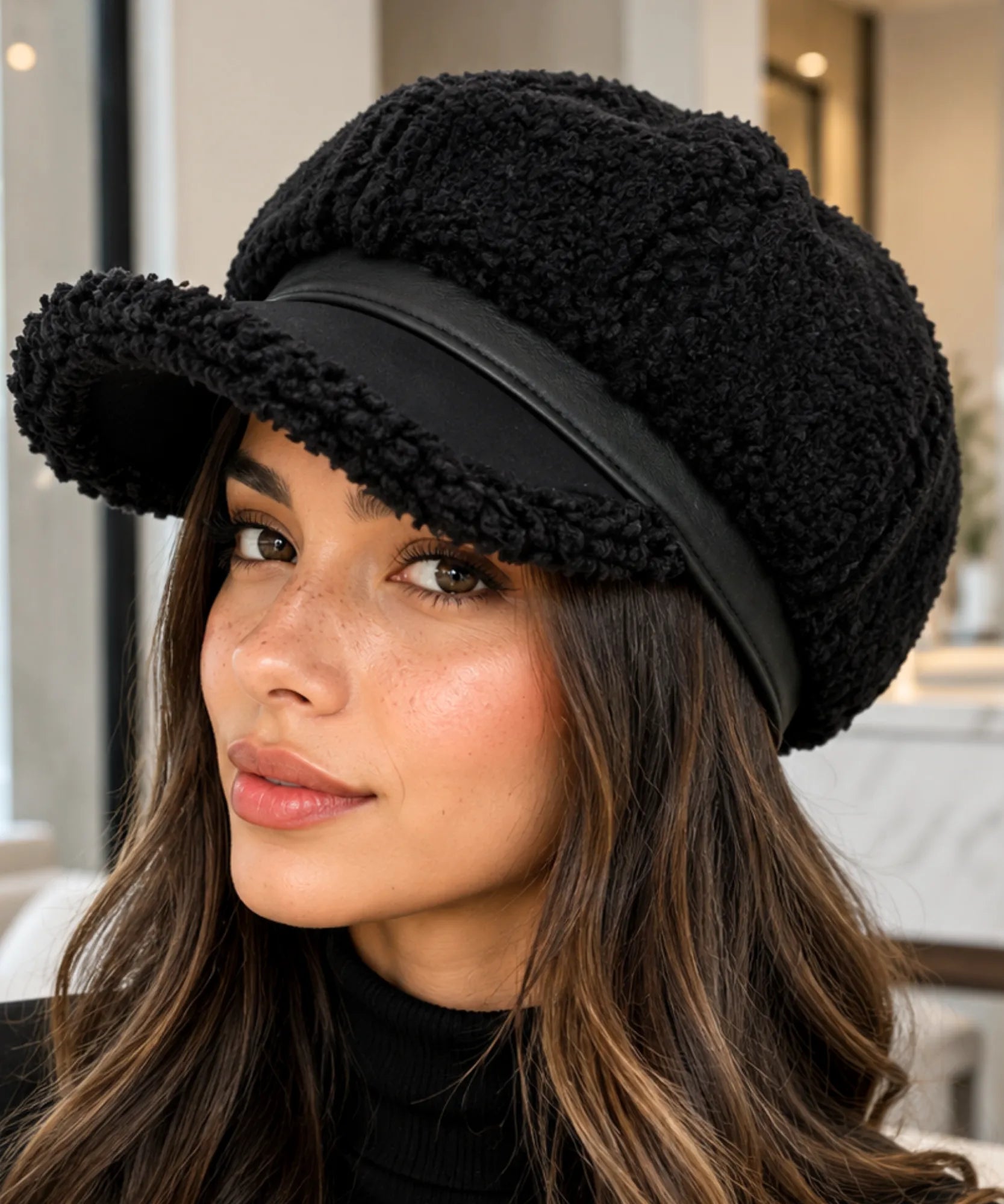 Black plush sherpa newsboy cap with a structured suede brim