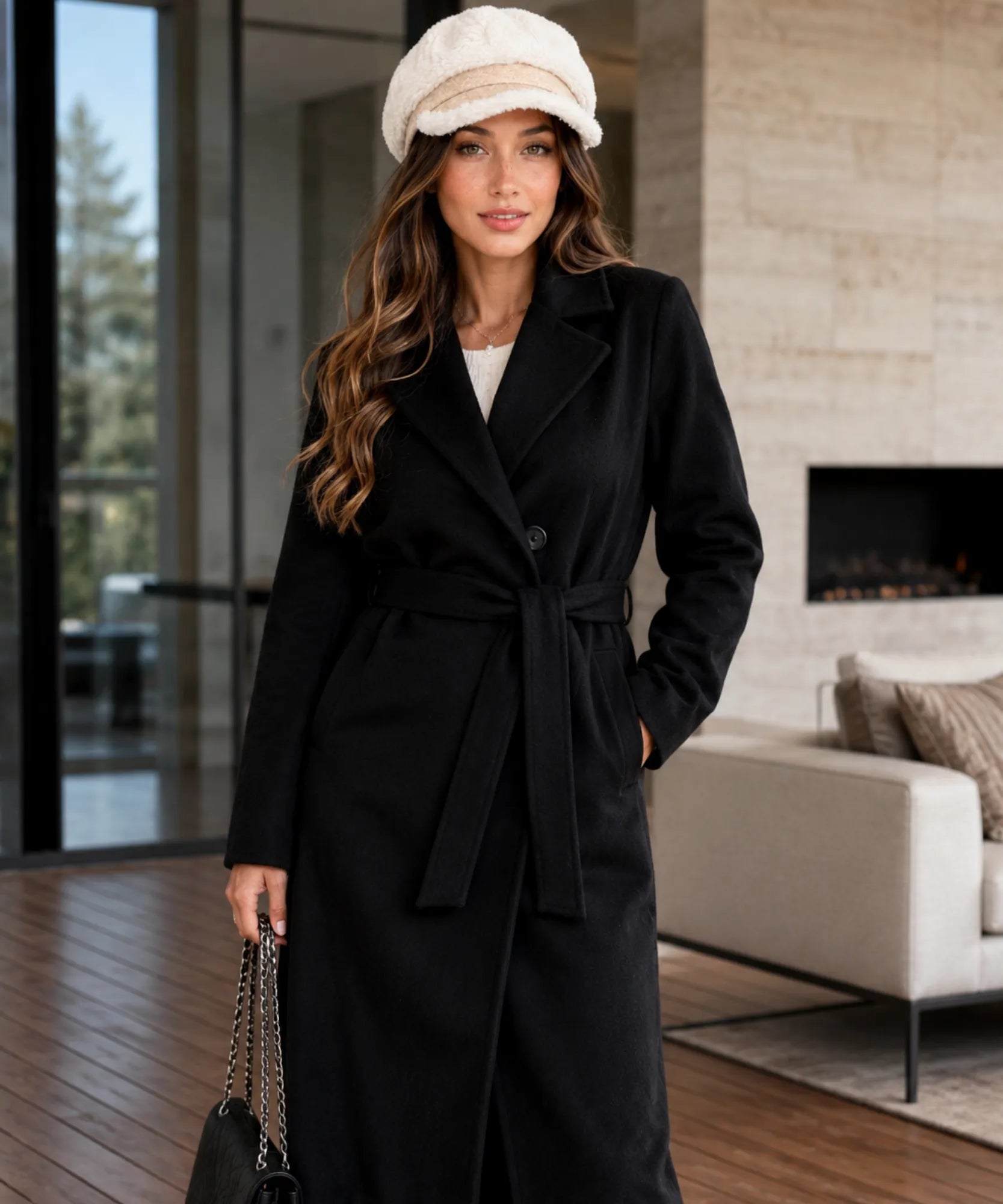 Plush sherpa newsboy cap with a structured suede brim