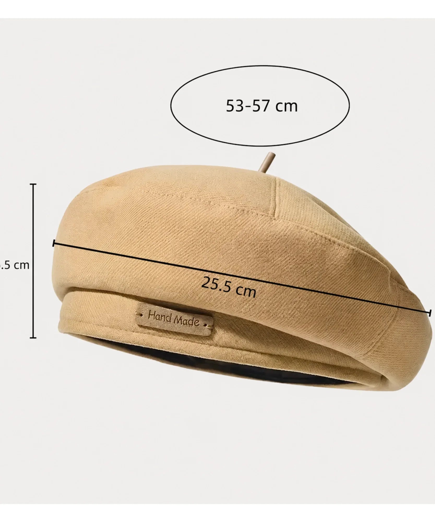 Camel structured twill French beret with a top stem and hand-made leather tag