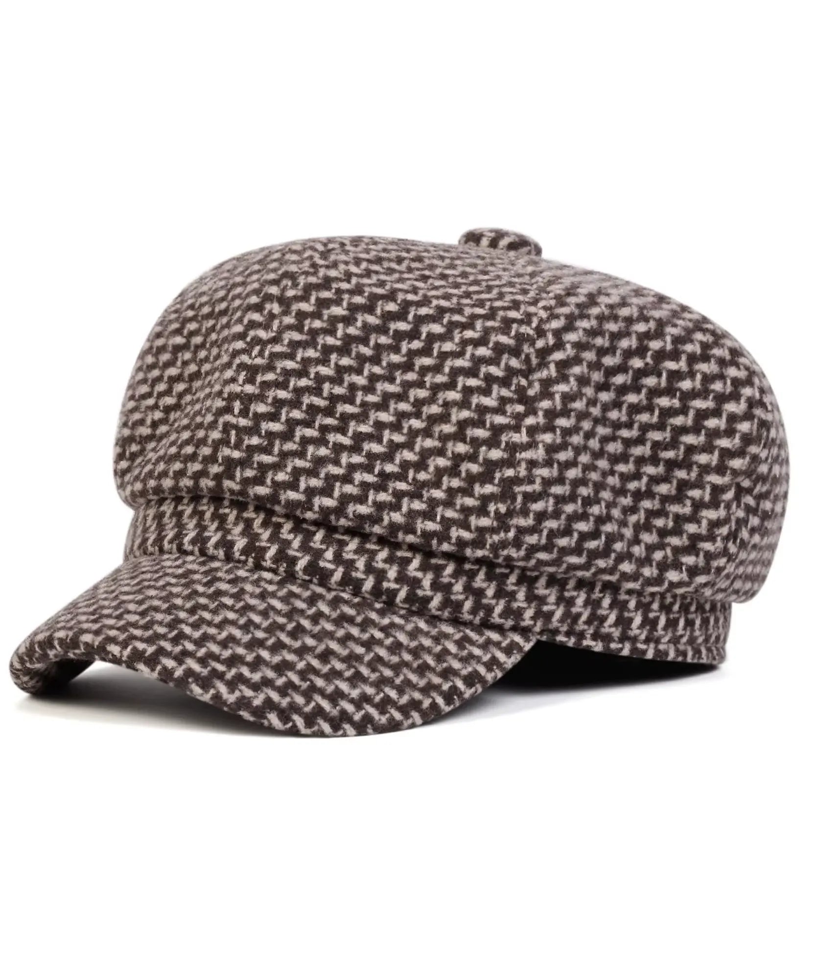 Front view of the brown houndstooth tweed newsboy cap