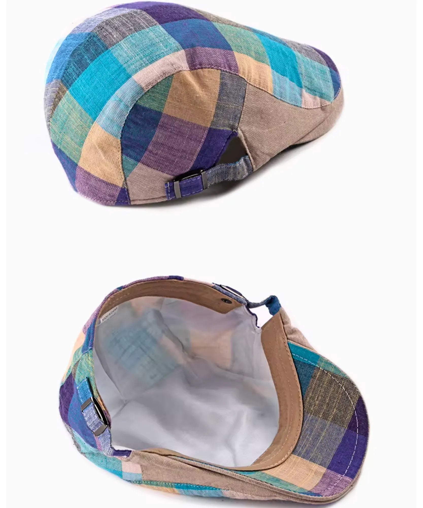 Blue patchwork plaid newsboy cap shown with its soft interior lining