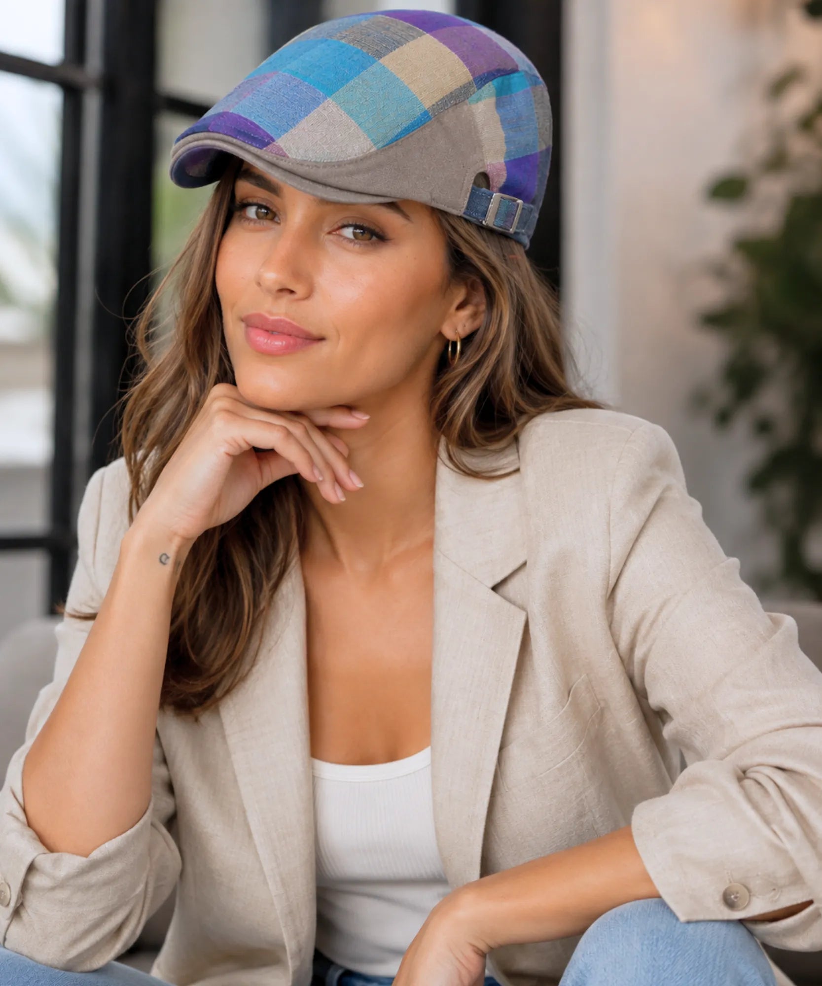 Blue patchwork plaid newsboy cap styled for a casual summer look