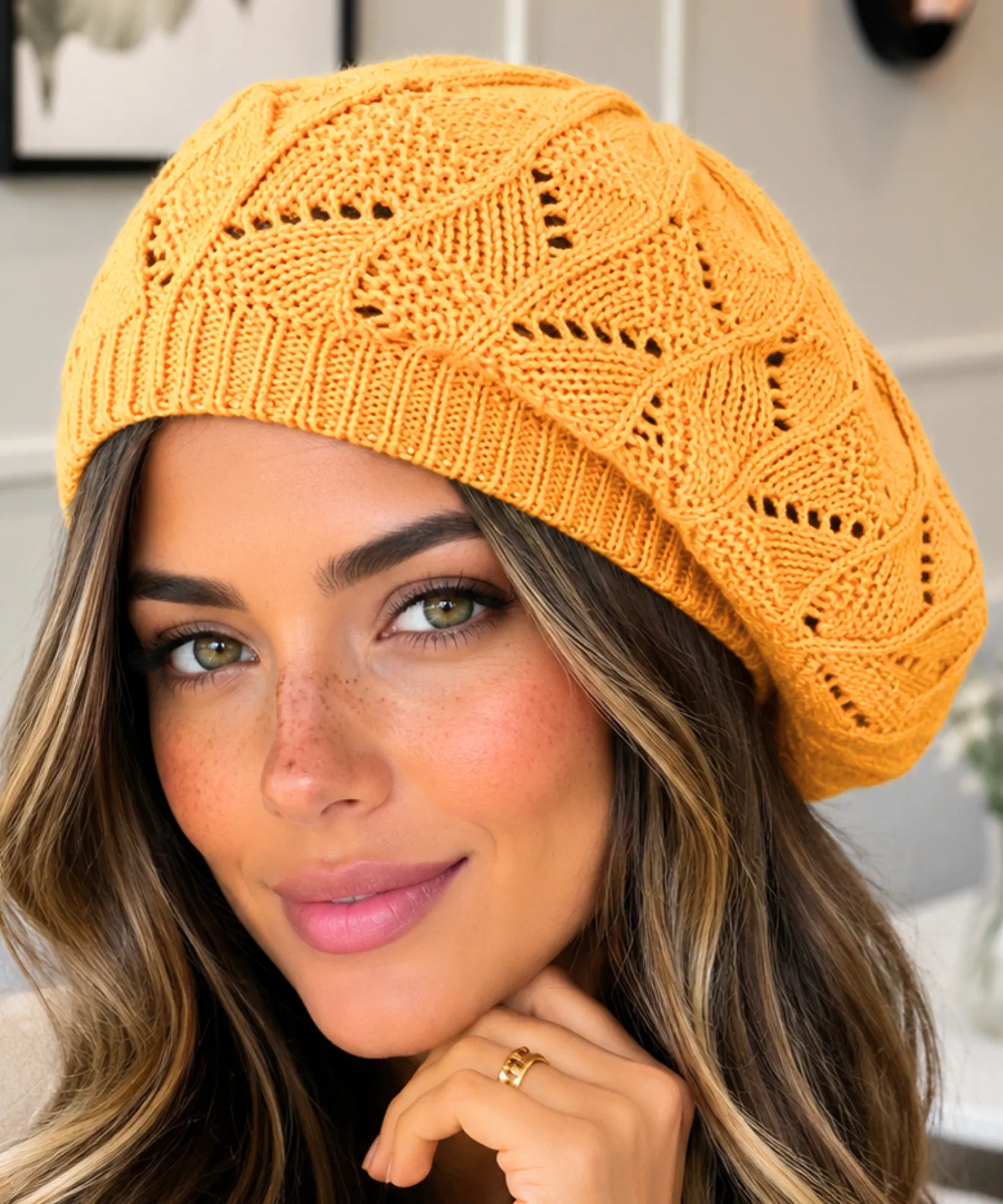 Women's Mustard Openwork Knit French Beret