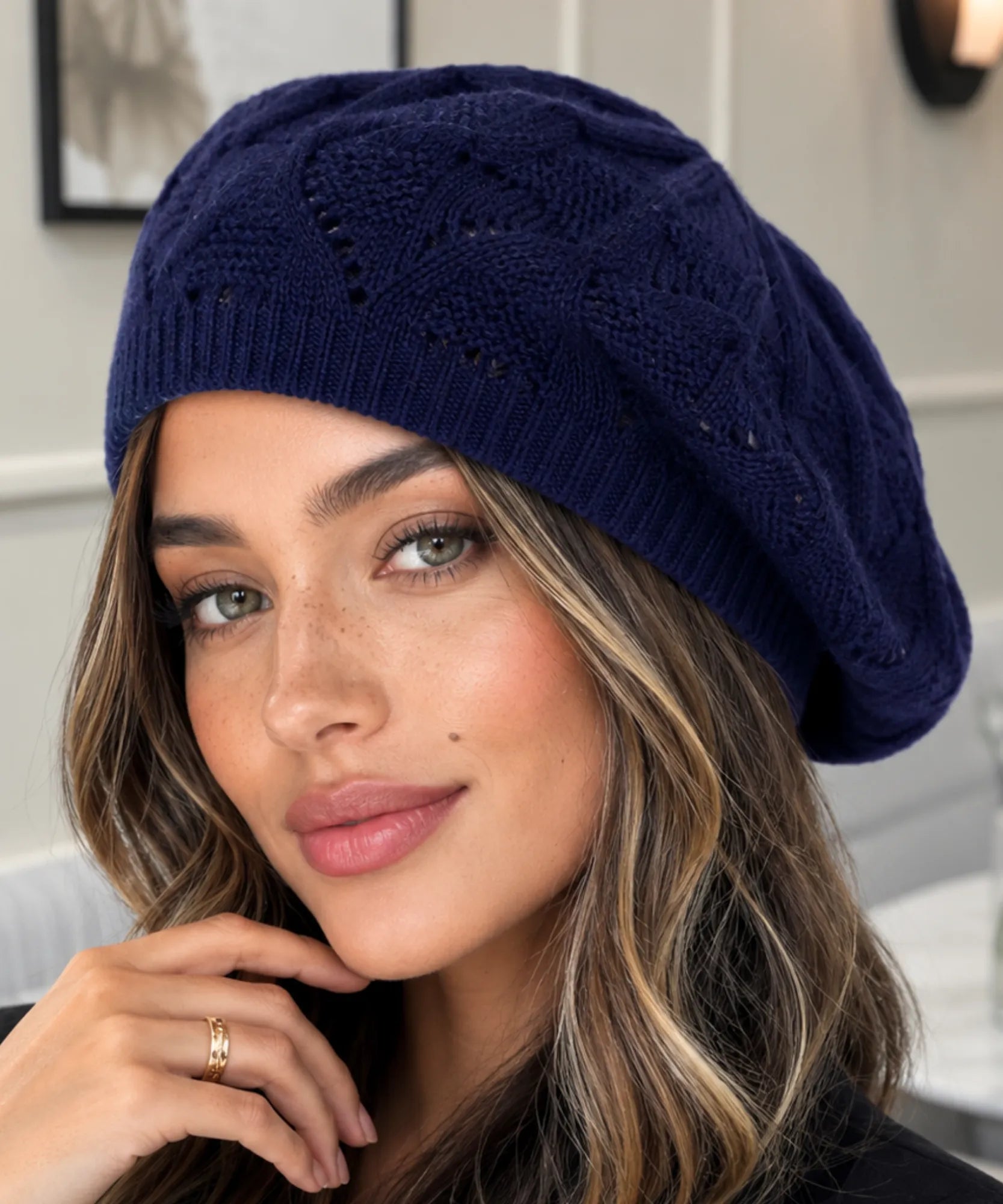 Women's Navy Openwork Knit French Beret