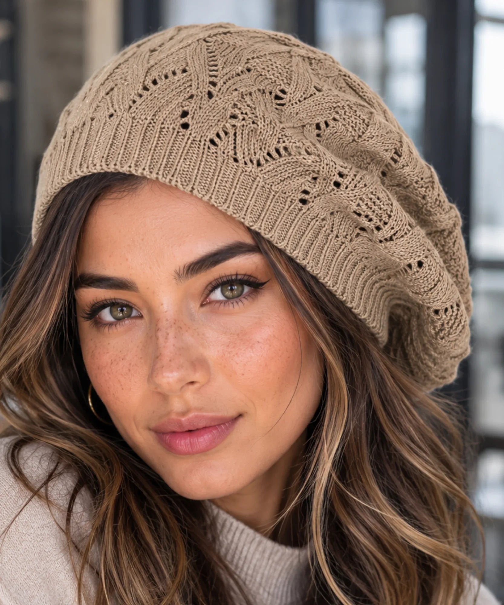 Women's Beige Openwork Knit French Beret