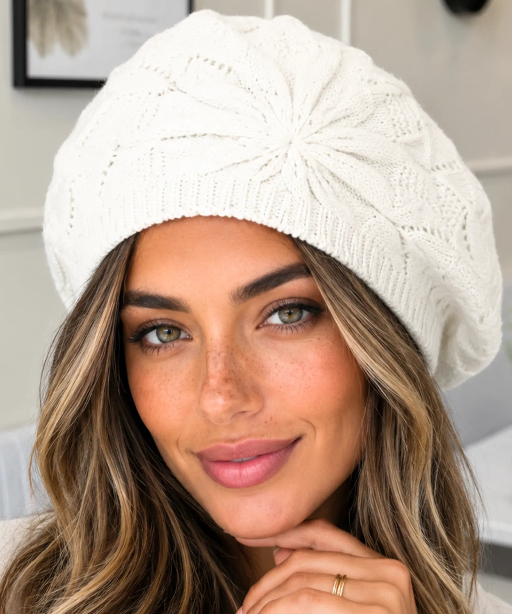 Women's Ivory Openwork Knit French Beret