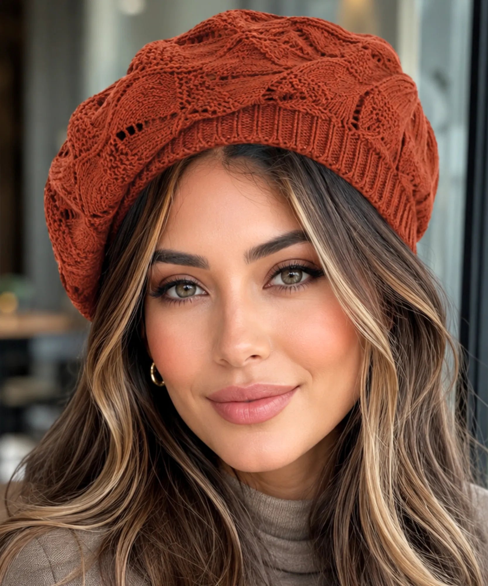 Women's Rust Openwork Knit French Beret