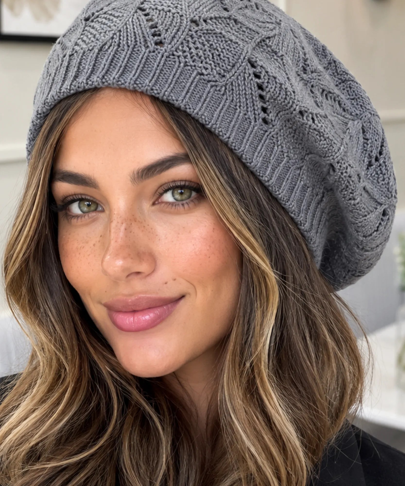 Women's Grey Openwork Knit French Beret